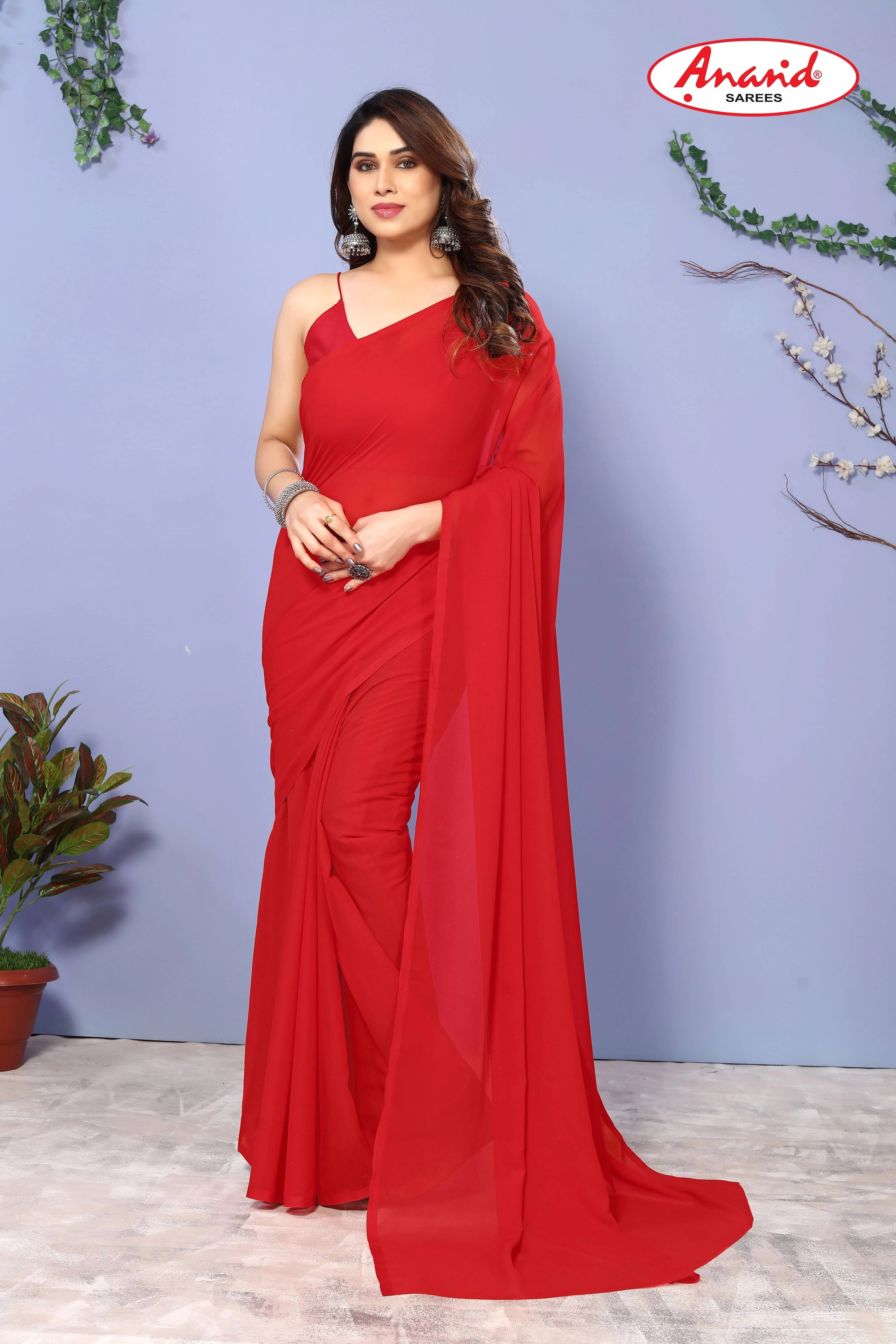     			ANAND SAREES Georgette Solid Regular Saree With Unstitched Blouse Piece ( Red )
