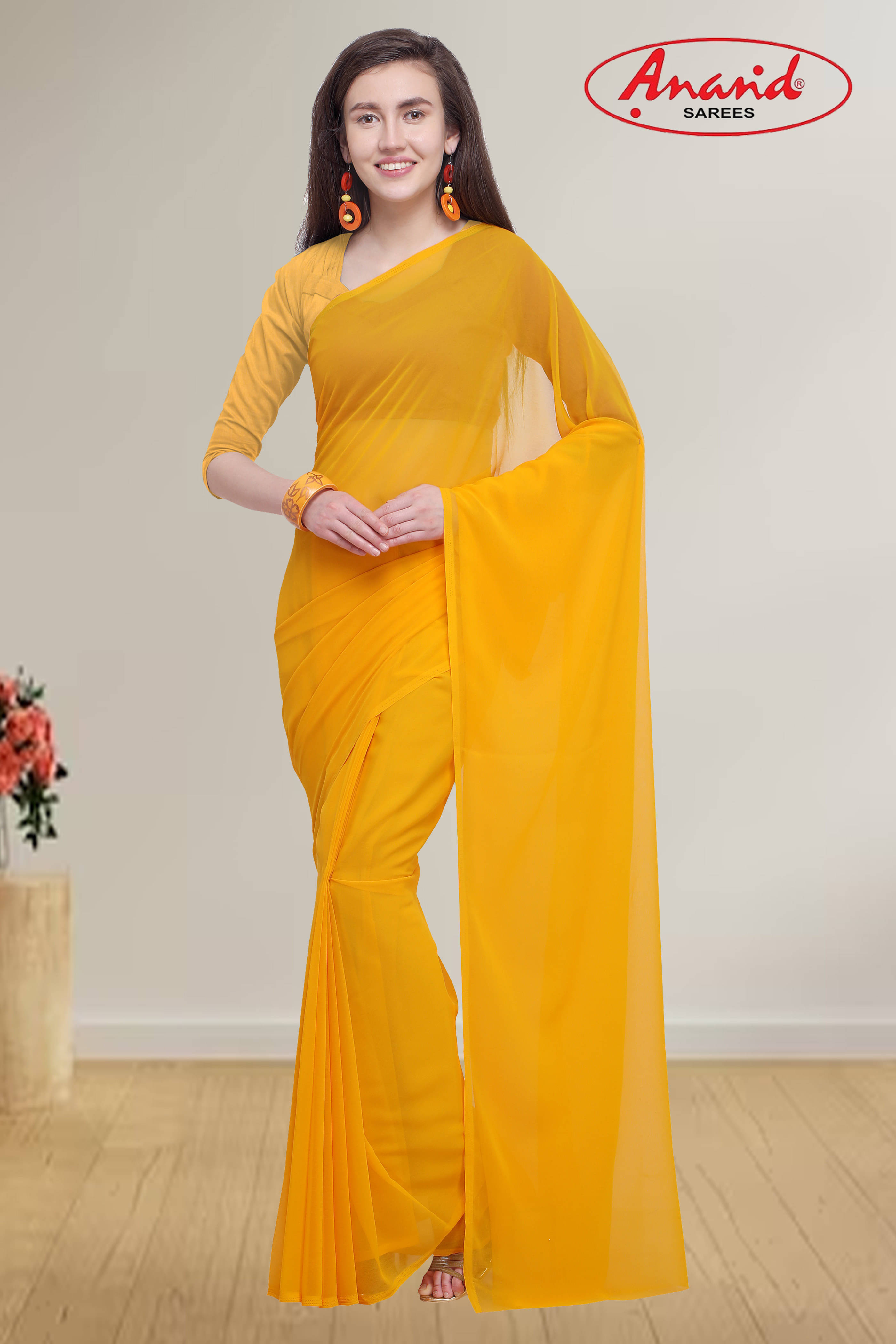 ANAND SAREES Georgette Solid Regular Saree With Unstitched Blouse Piece ( Yellow ) ANAND SAREES Georgette Solid Regular Saree With Unstitched Blouse Piece ( Yellow )