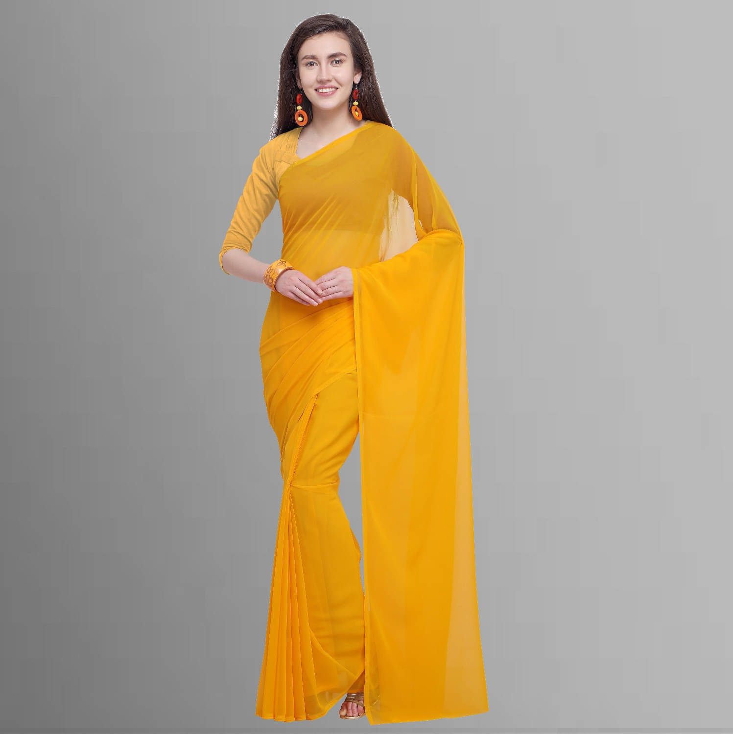 ANAND SAREES Georgette Solid Regular Saree With Unstitched Blouse Piece ( Yellow ) ANAND SAREES Georgette Solid Regular Saree With Unstitched Blouse Piece ( Yellow )