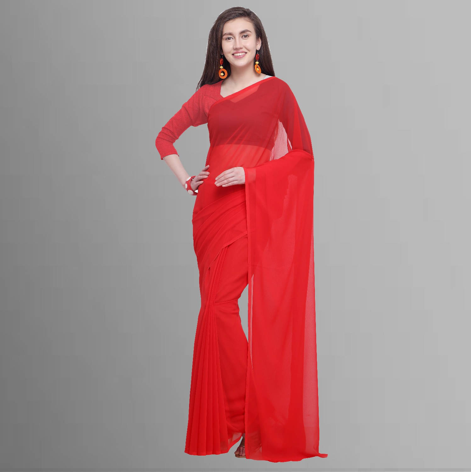 ANAND SAREES Georgette Solid Regular Saree With Unstitched Blouse Piece ( Red ) ANAND SAREES Georgette Solid Regular Saree With Unstitched Blouse Piece ( Red )