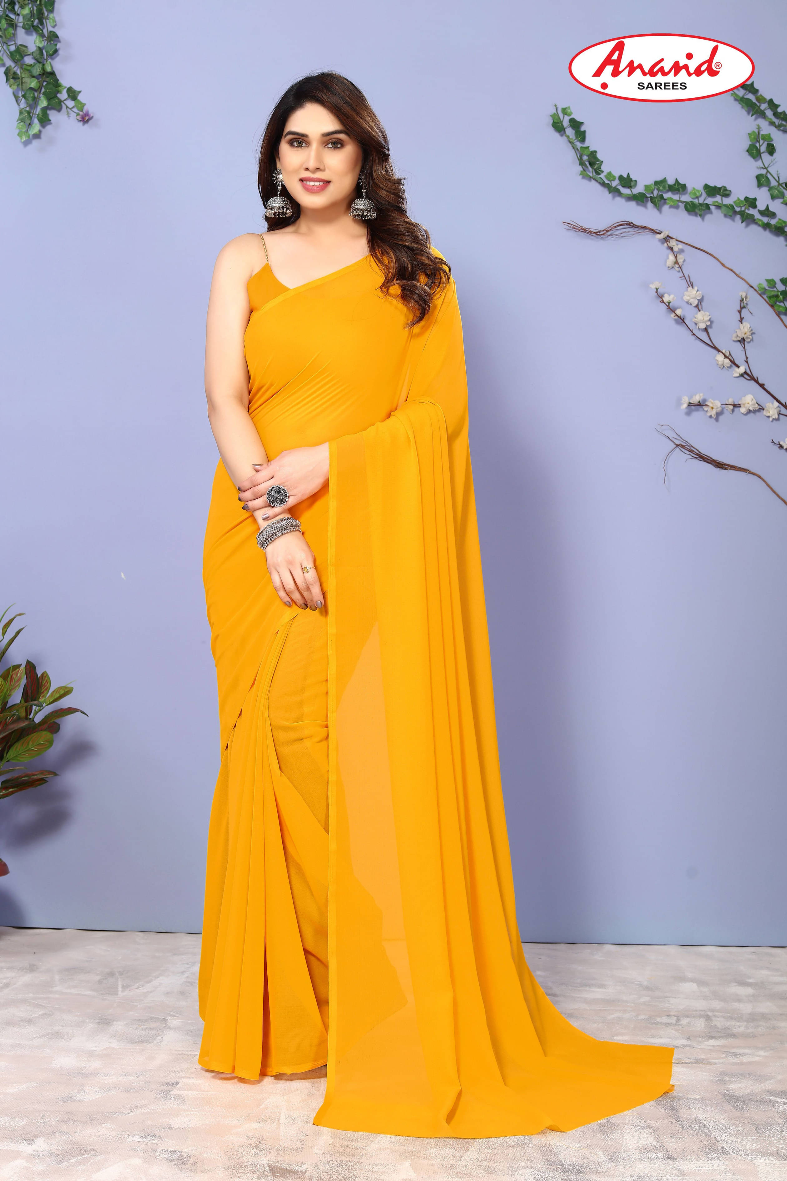 ANAND SAREES Georgette Solid Regular Saree With Unstitched Blouse Piece ( Yellow ) ANAND SAREES Georgette Solid Regular Saree With Unstitched Blouse Piece ( Yellow )