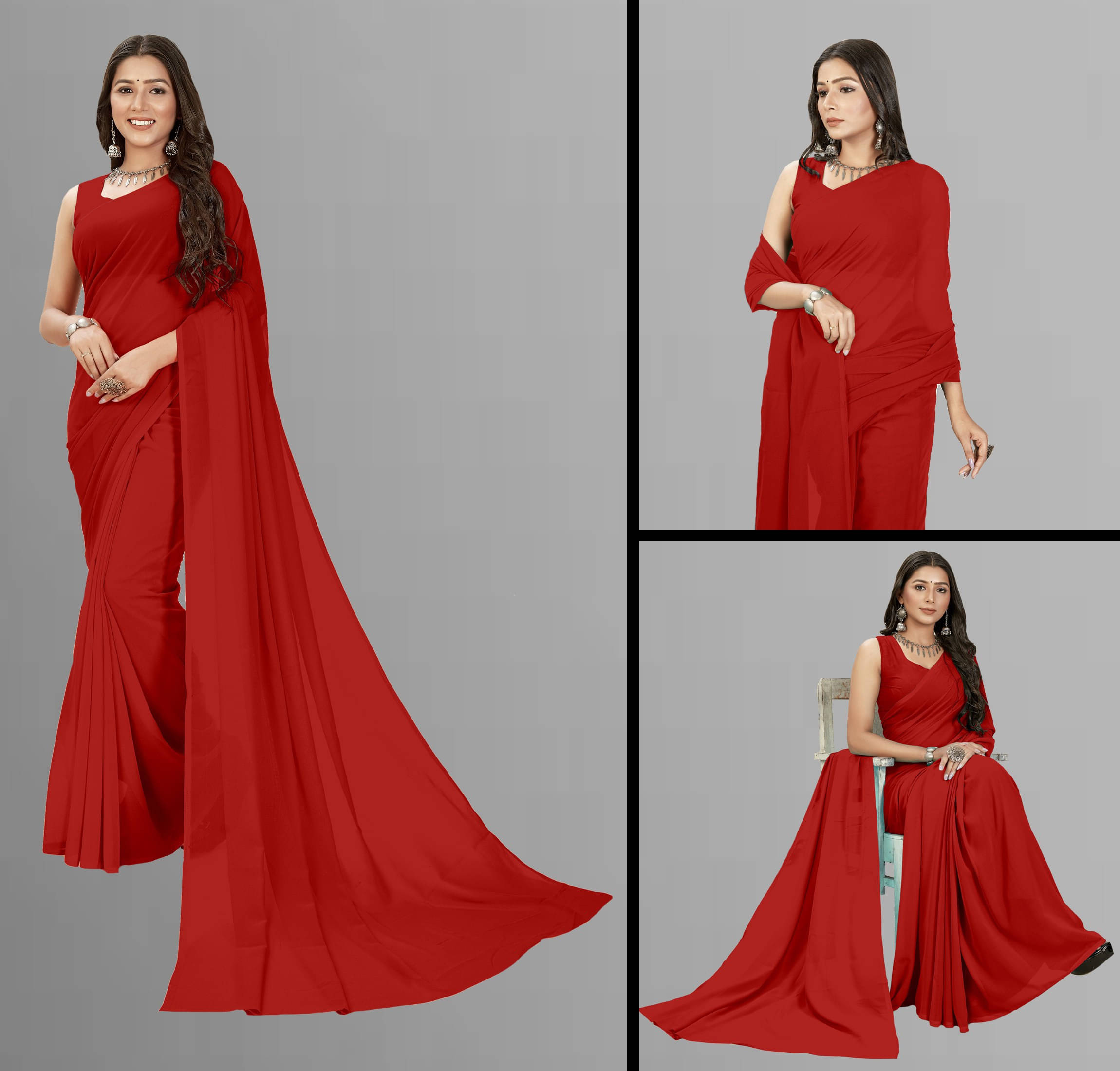 ANAND SAREES Georgette Solid Regular Saree With Unstitched Blouse Piece ( Red ) ANAND SAREES Georgette Solid Regular Saree With Unstitched Blouse Piece ( Red )