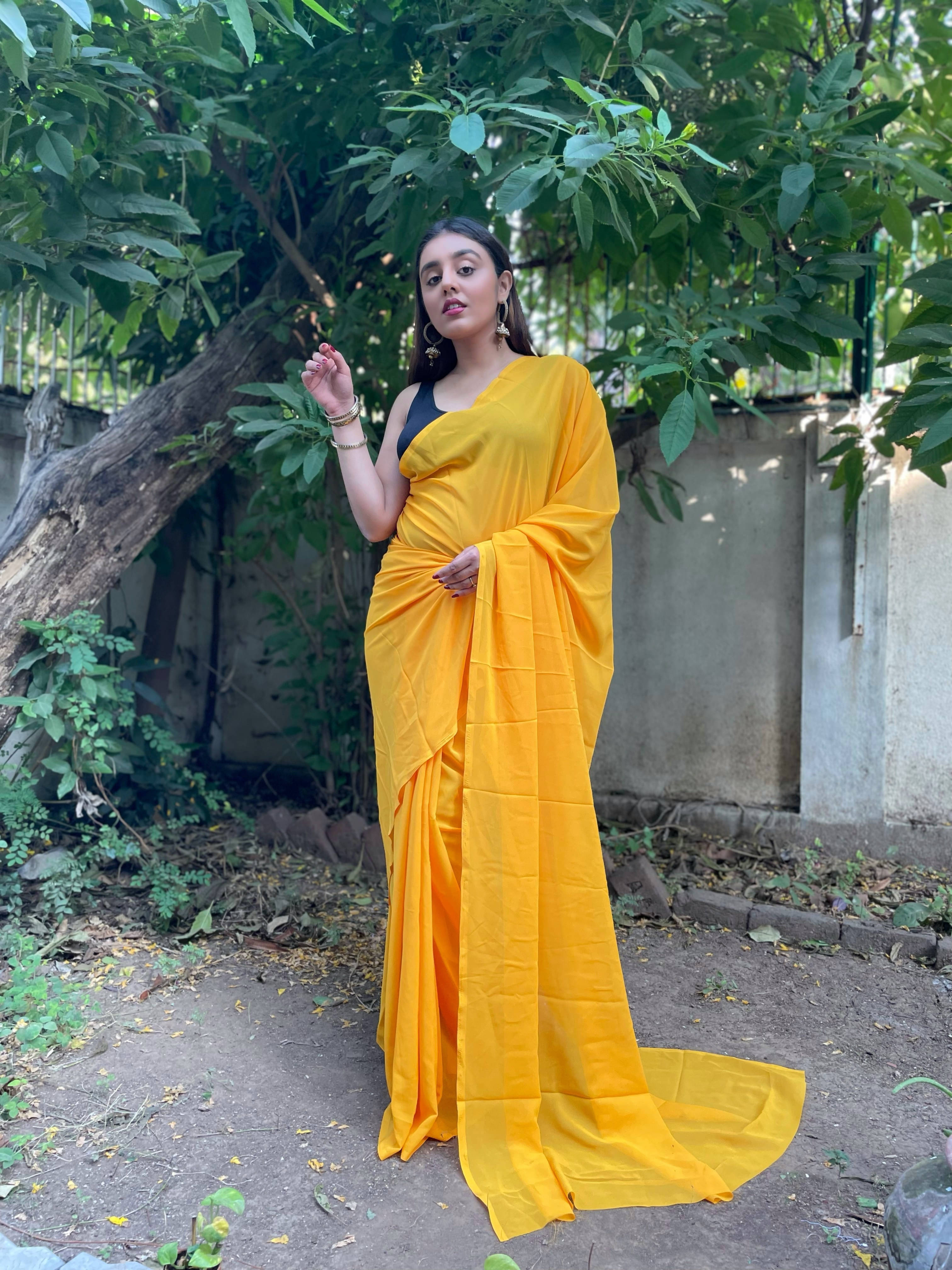 ANAND SAREES Georgette Solid Regular Saree With Unstitched Blouse Piece ( Yellow ) ANAND SAREES Georgette Solid Regular Saree With Unstitched Blouse Piece ( Yellow )