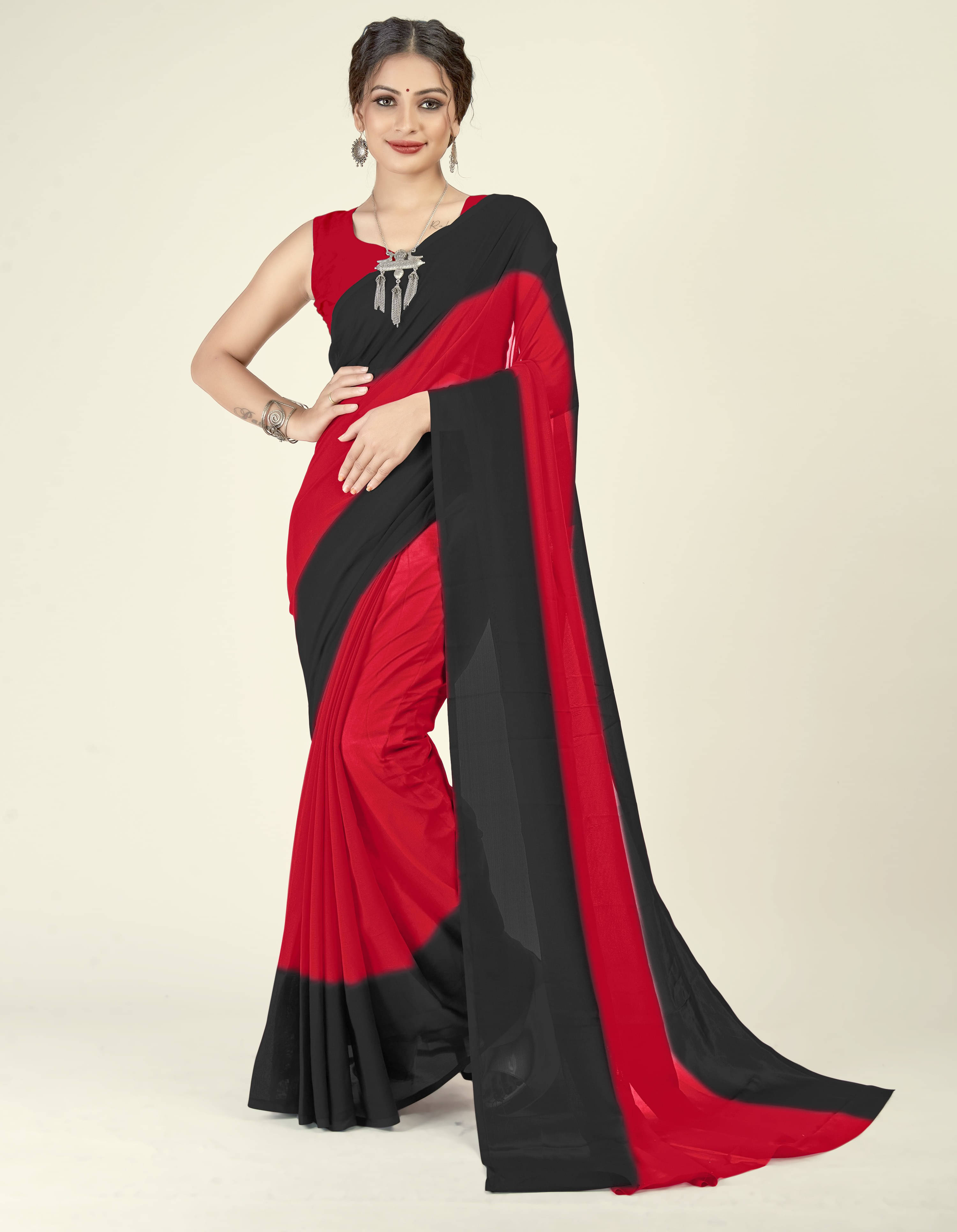     			ANAND SAREES Georgette Solid Regular Saree With Unstitched Blouse Piece ( Red )