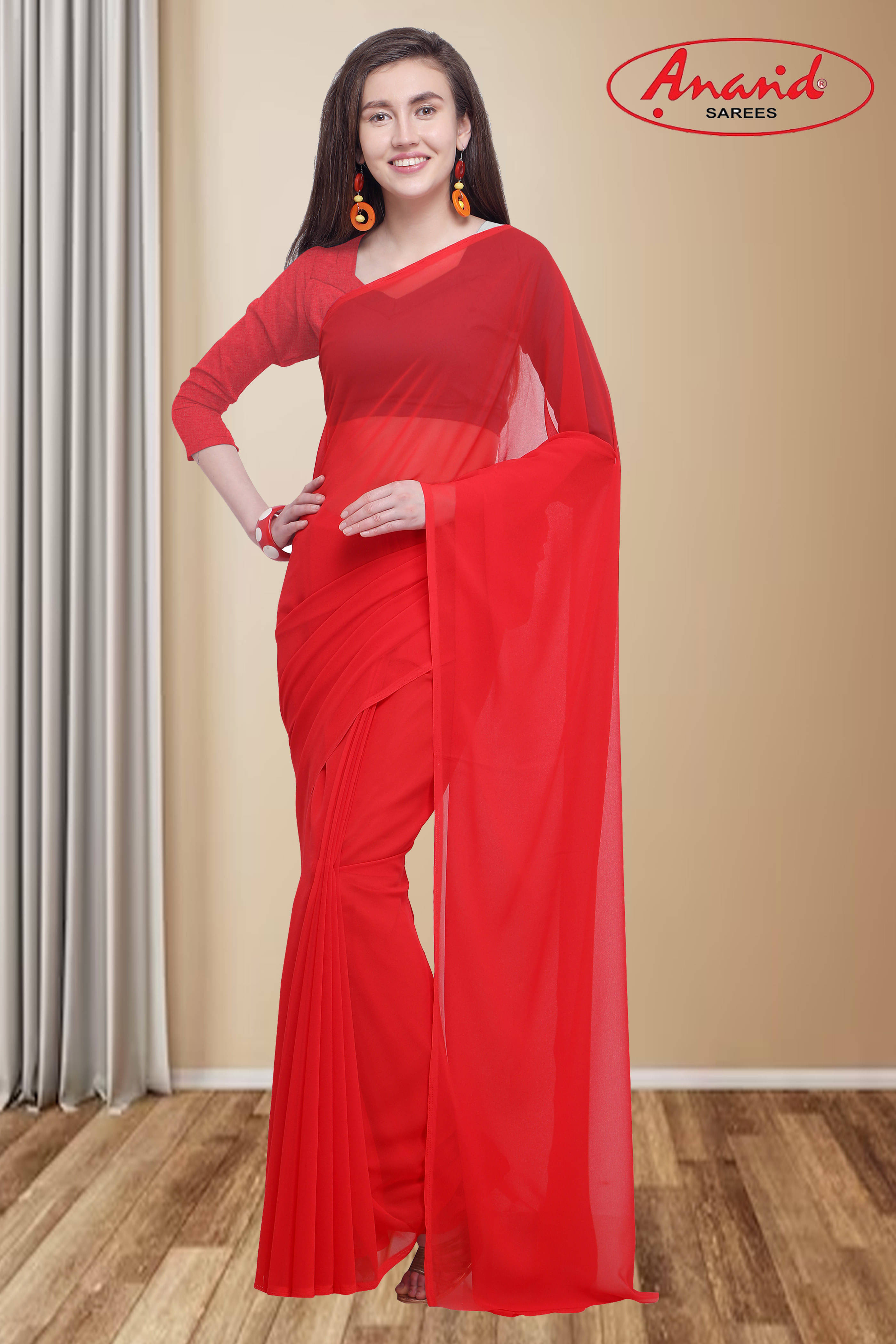 ANAND SAREES Georgette Solid Regular Saree With Unstitched Blouse Piece ( Red ) ANAND SAREES Georgette Solid Regular Saree With Unstitched Blouse Piece ( Red )
