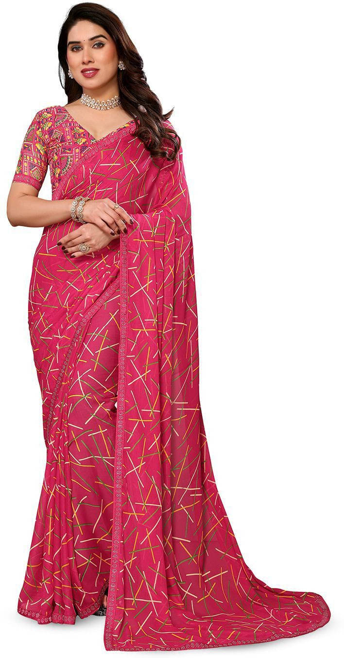     			ANAND SAREES Georgette Striped Regular Saree With Unstitched Blouse Piece ( Pink )