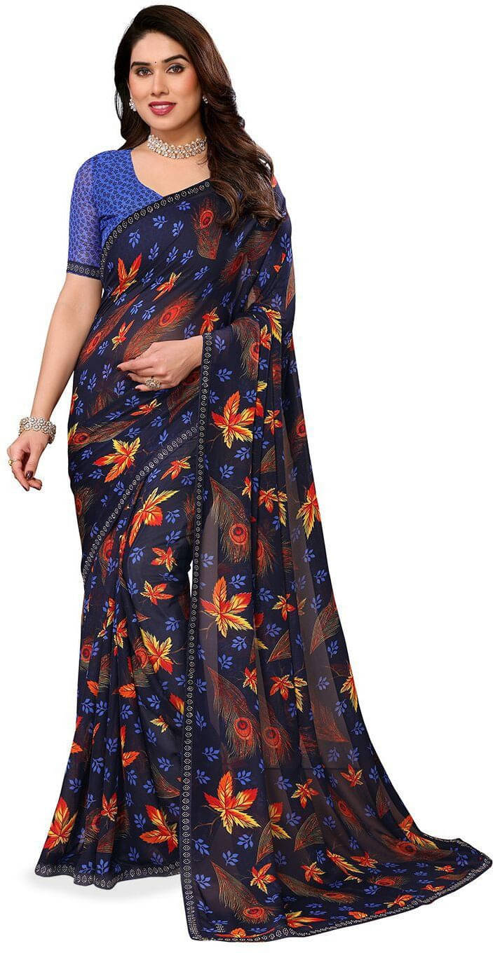 ANAND SAREES Georgette Striped Regular Saree With Unstitched Blouse Piece ( Blue ) ANAND SAREES Georgette Striped Regular Saree With Unstitched Blouse Piece ( Blue )