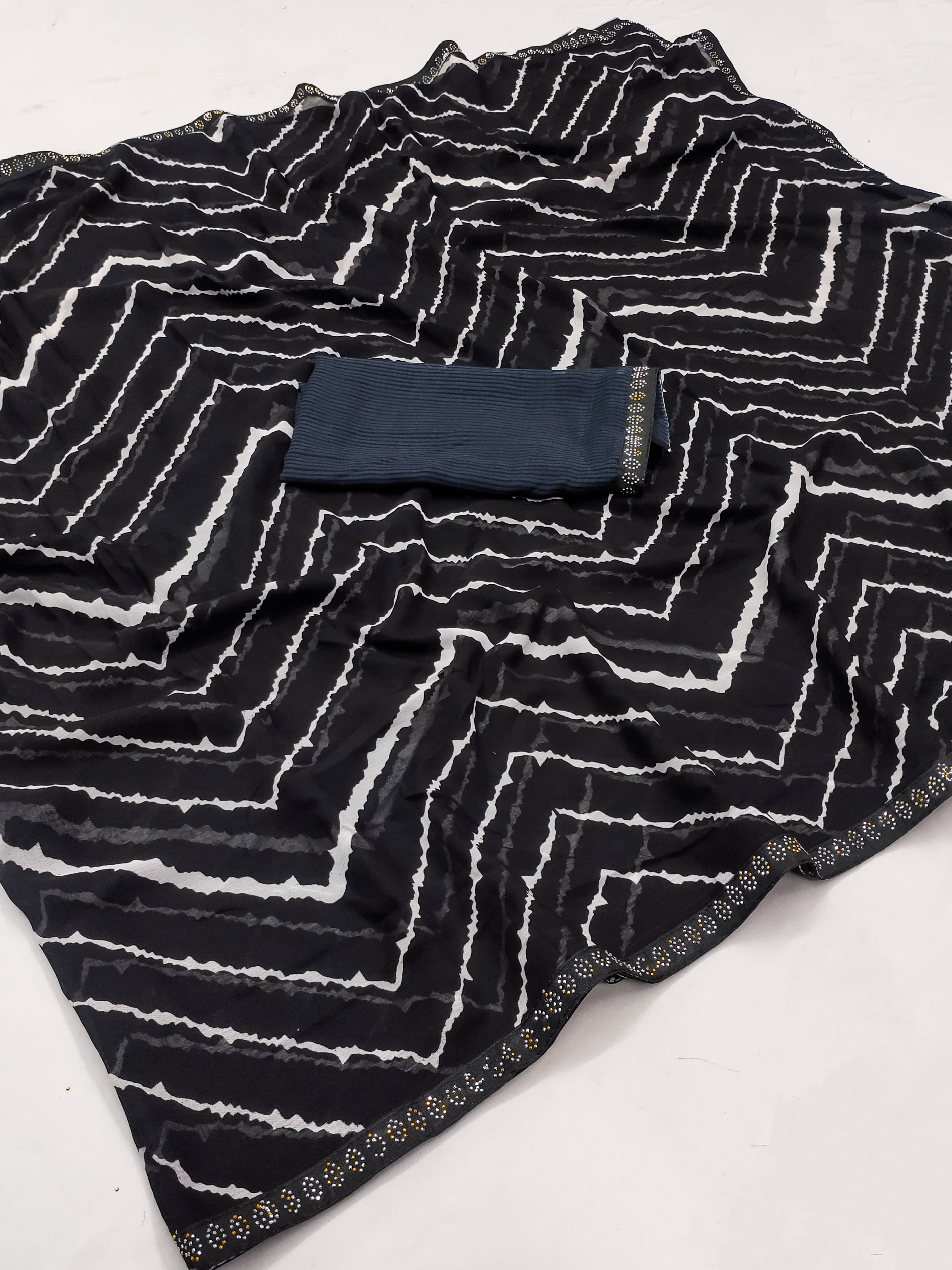 ANAND SAREES Georgette Striped Regular Saree With Unstitched Blouse Piece ( Black ) ANAND SAREES Georgette Striped Regular Saree With Unstitched Blouse Piece ( Black )