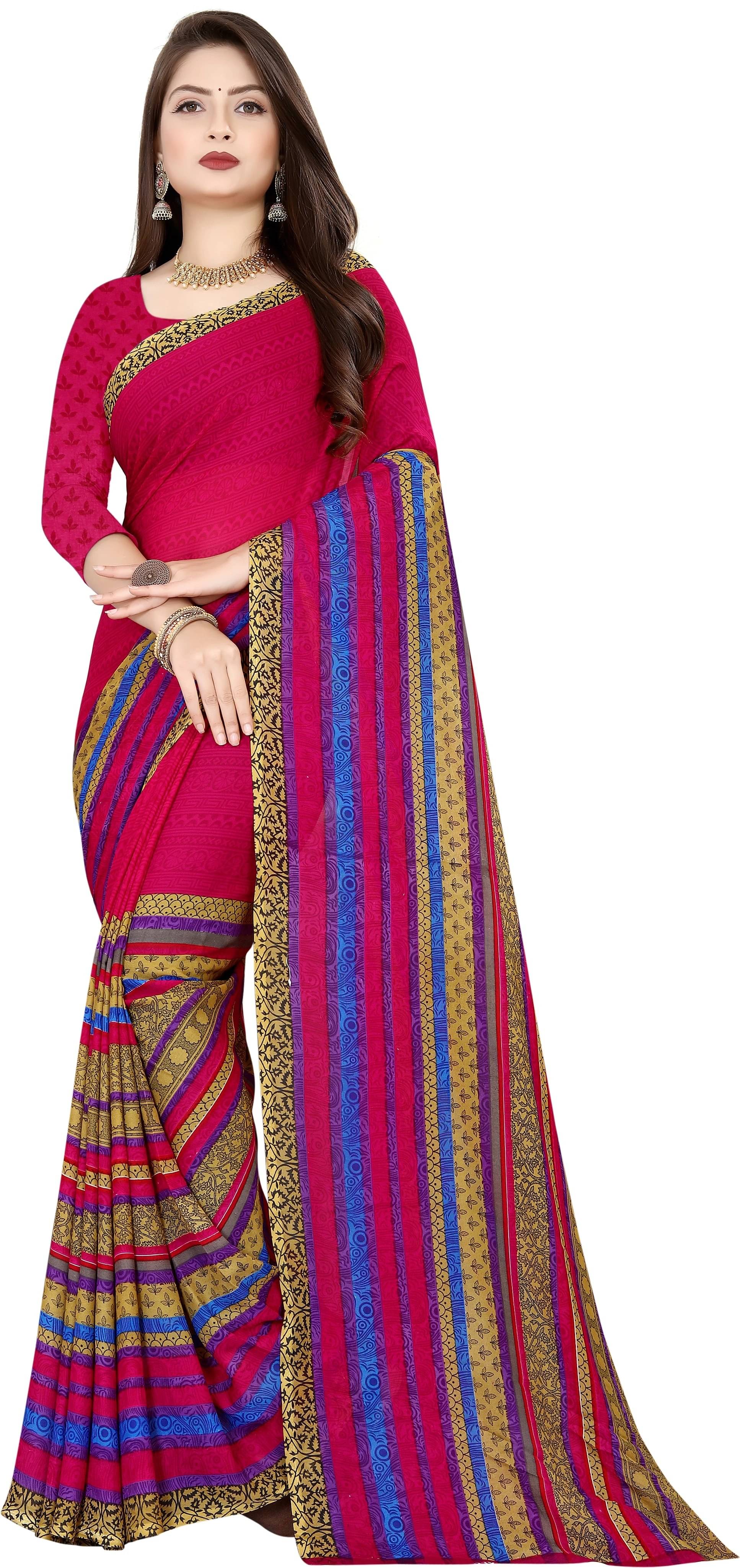     			ANAND SAREES Georgette Striped Regular Saree With Unstitched Blouse Piece ( Pink )