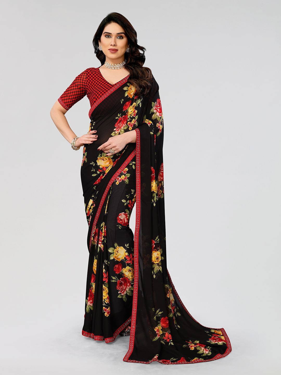 ANAND SAREES Georgette Striped Regular Saree With Unstitched Blouse Piece ( Black ) ANAND SAREES Georgette Striped Regular Saree With Unstitched Blouse Piece ( Black )