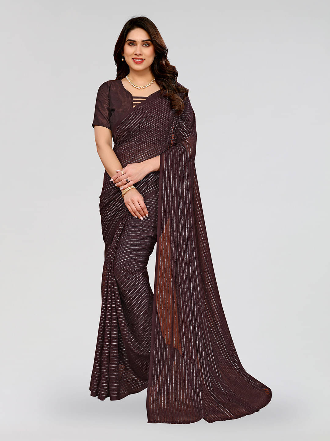 ANAND SAREES Georgette Striped Regular Saree With Unstitched Blouse Piece ( Brown ) ANAND SAREES Georgette Striped Regular Saree With Unstitched Blouse Piece ( Brown )