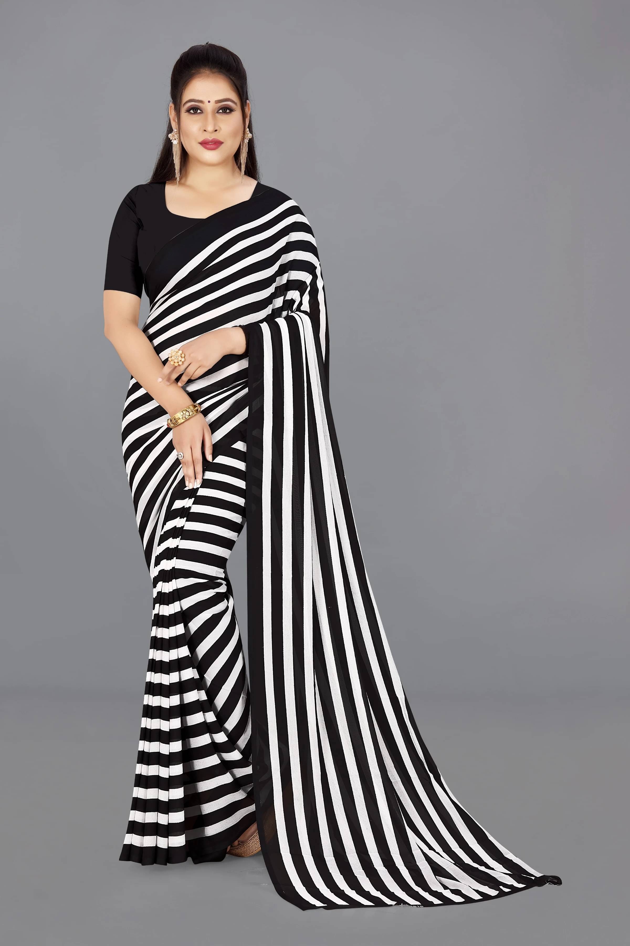     			ANAND SAREES Georgette Striped Regular Saree With Unstitched Blouse Piece ( Black )