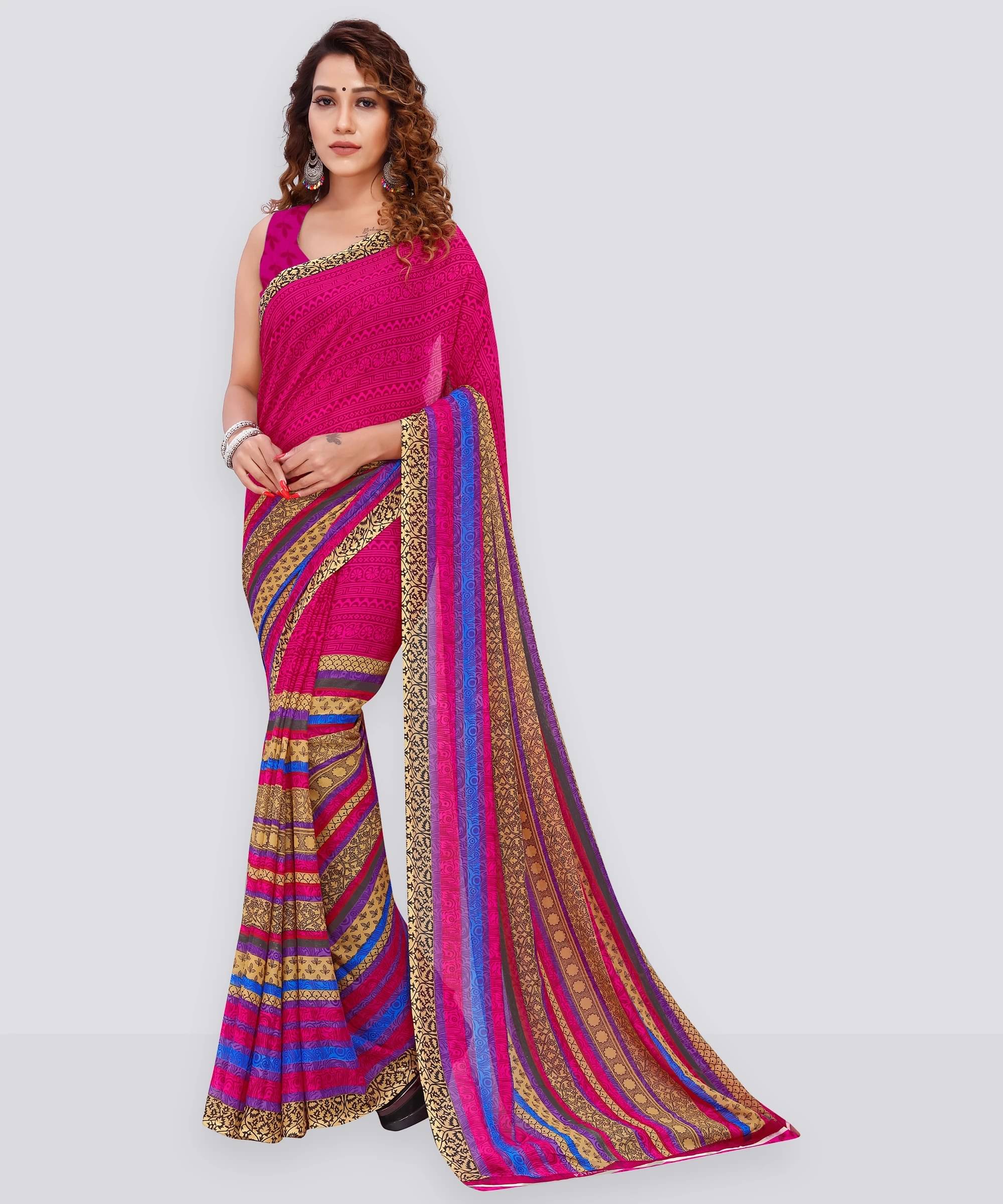 ANAND SAREES Georgette Striped Regular Saree With Unstitched Blouse Piece ( Pink ) ANAND SAREES Georgette Striped Regular Saree With Unstitched Blouse Piece ( Pink )