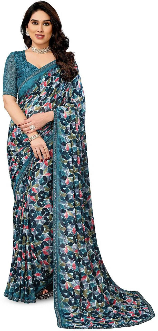ANAND SAREES Georgette Striped Regular Saree With Unstitched Blouse Piece ( Blue ) ANAND SAREES Georgette Striped Regular Saree With Unstitched Blouse Piece ( Blue )