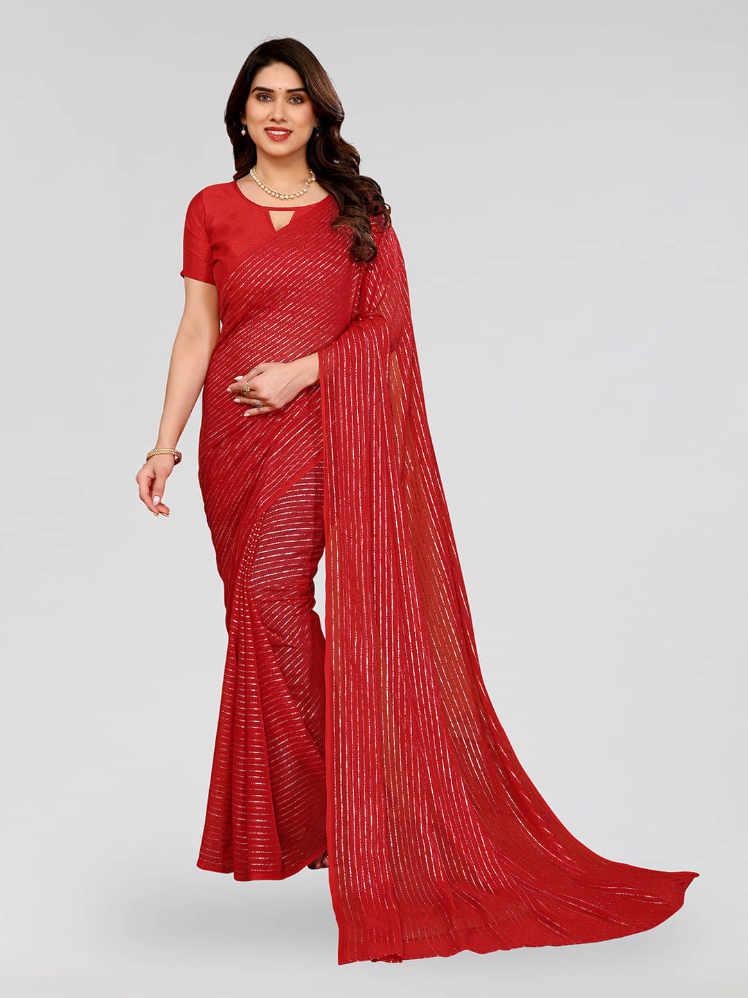 ANAND SAREES Georgette Striped Regular Saree With Unstitched Blouse Piece ( Red ) ANAND SAREES Georgette Striped Regular Saree With Unstitched Blouse Piece ( Red )