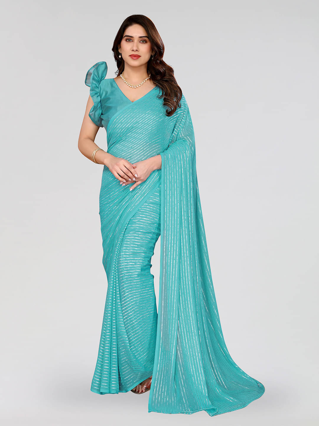 ANAND SAREES Georgette Striped Regular Saree With Unstitched Blouse Piece ( Light Blue ) ANAND SAREES Georgette Striped Regular Saree With Unstitched Blouse Piece ( Light Blue )