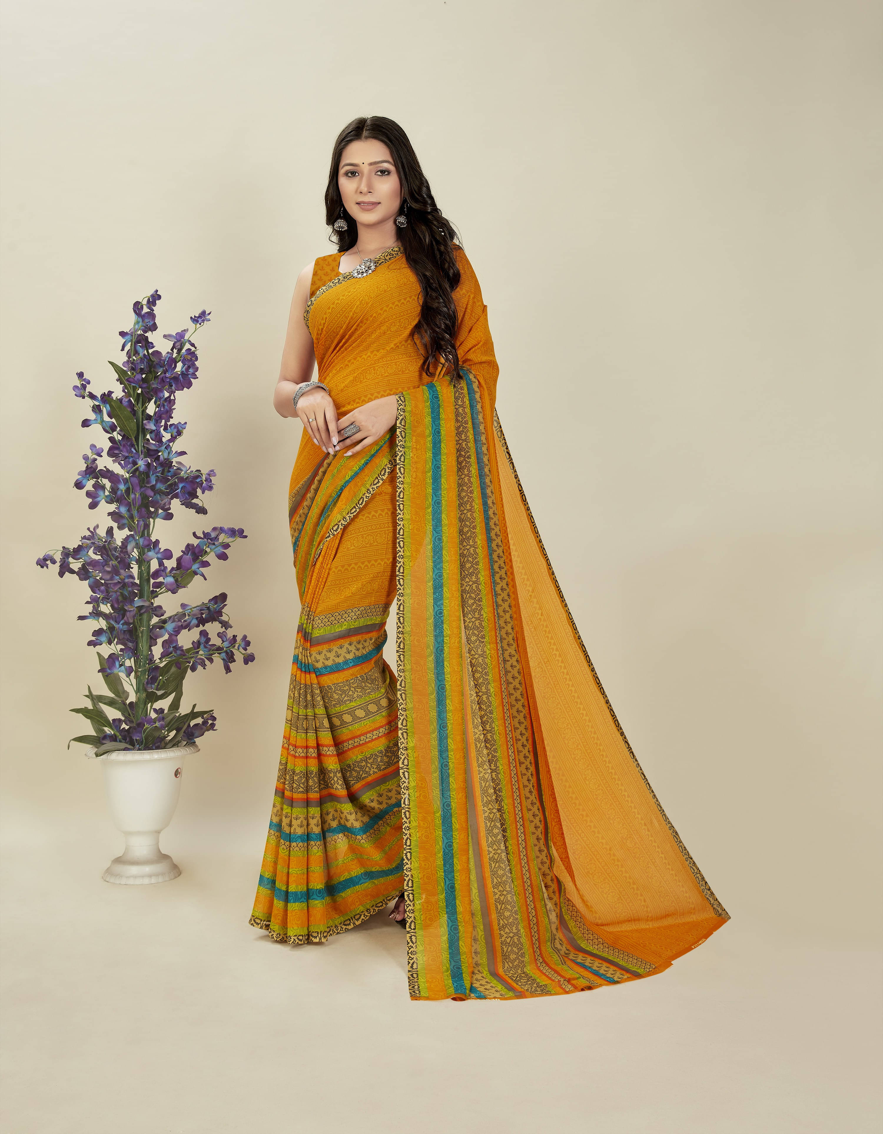 ANAND SAREES Georgette Striped Regular Saree With Unstitched Blouse Piece ( Yellow ) ANAND SAREES Georgette Striped Regular Saree With Unstitched Blouse Piece ( Yellow )