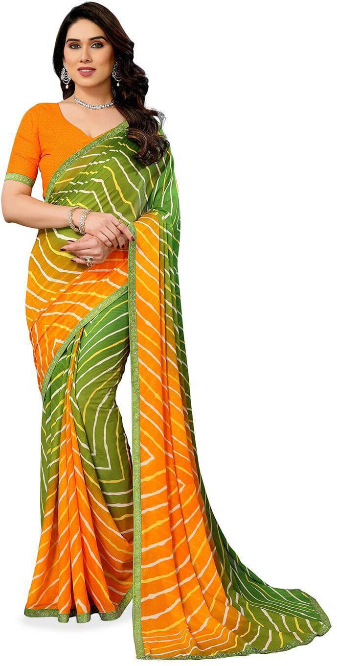     			ANAND SAREES Georgette Striped Regular Saree With Unstitched Blouse Piece ( Green )