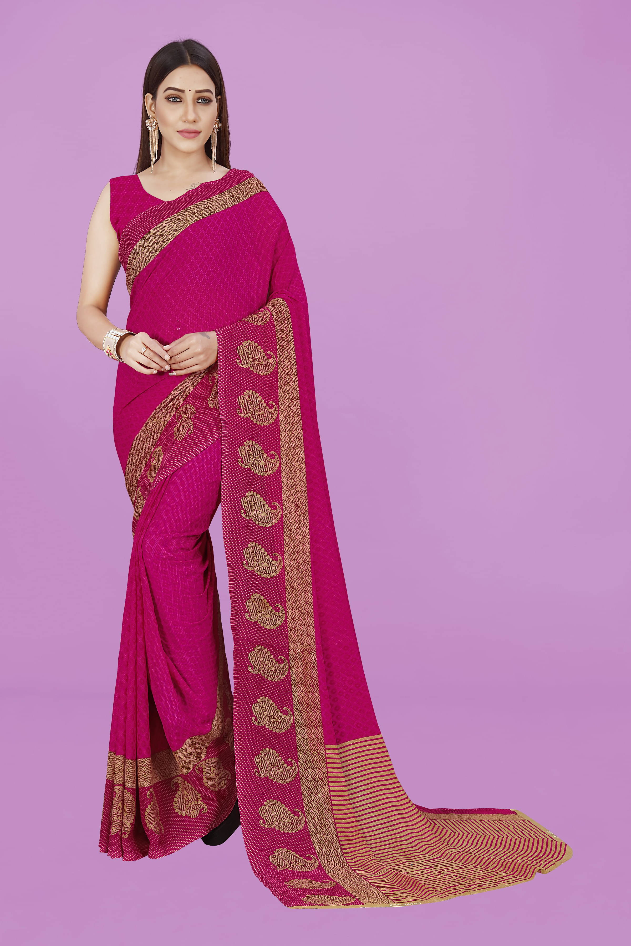 ANAND SAREES Georgette Striped Regular Saree With Unstitched Blouse Piece ( Pink ) ANAND SAREES Georgette Striped Regular Saree With Unstitched Blouse Piece ( Pink )