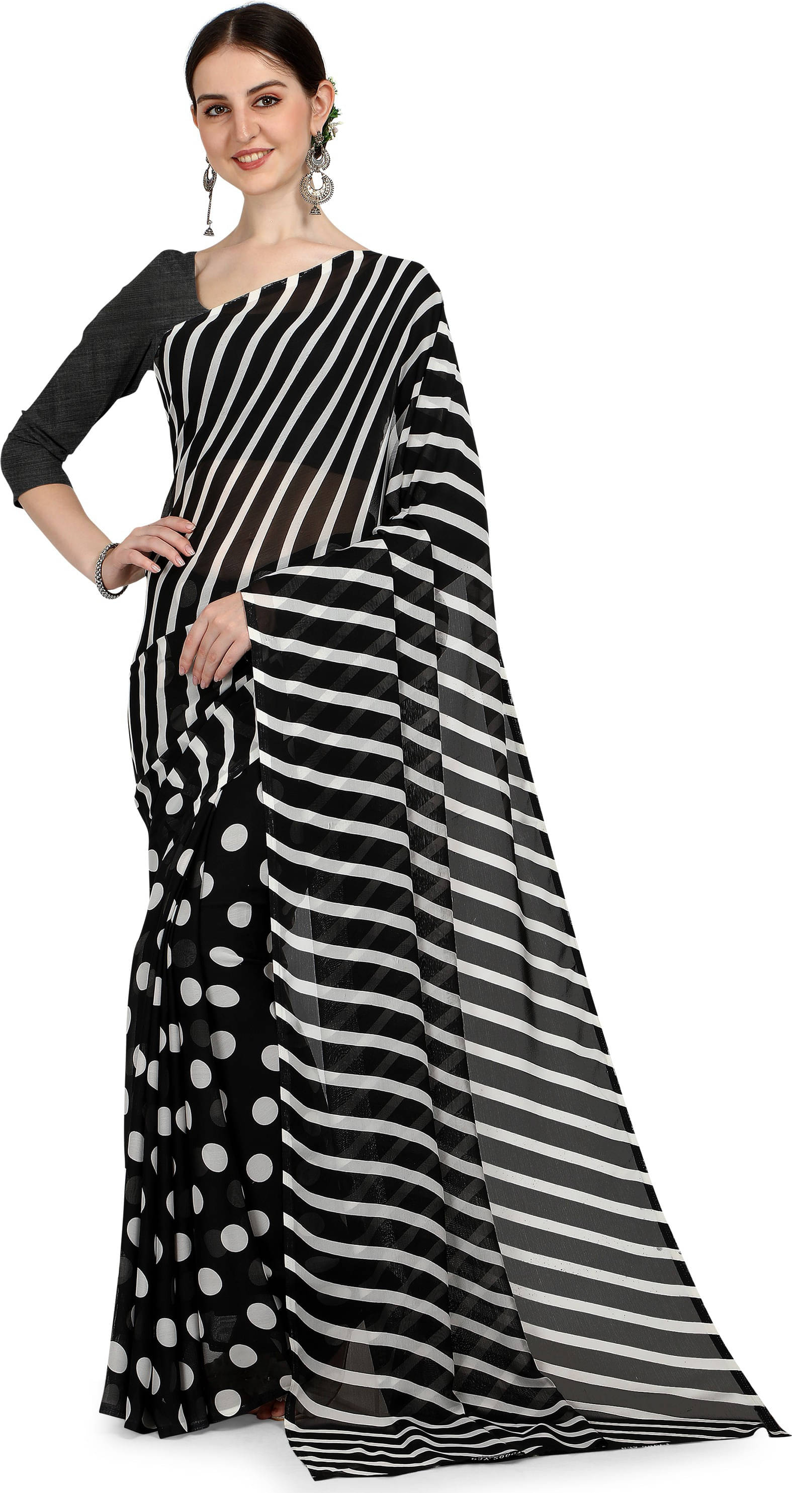 ANAND SAREES Georgette Striped Regular Saree With Unstitched Blouse Piece ( Black ) ANAND SAREES Georgette Striped Regular Saree With Unstitched Blouse Piece ( Black )