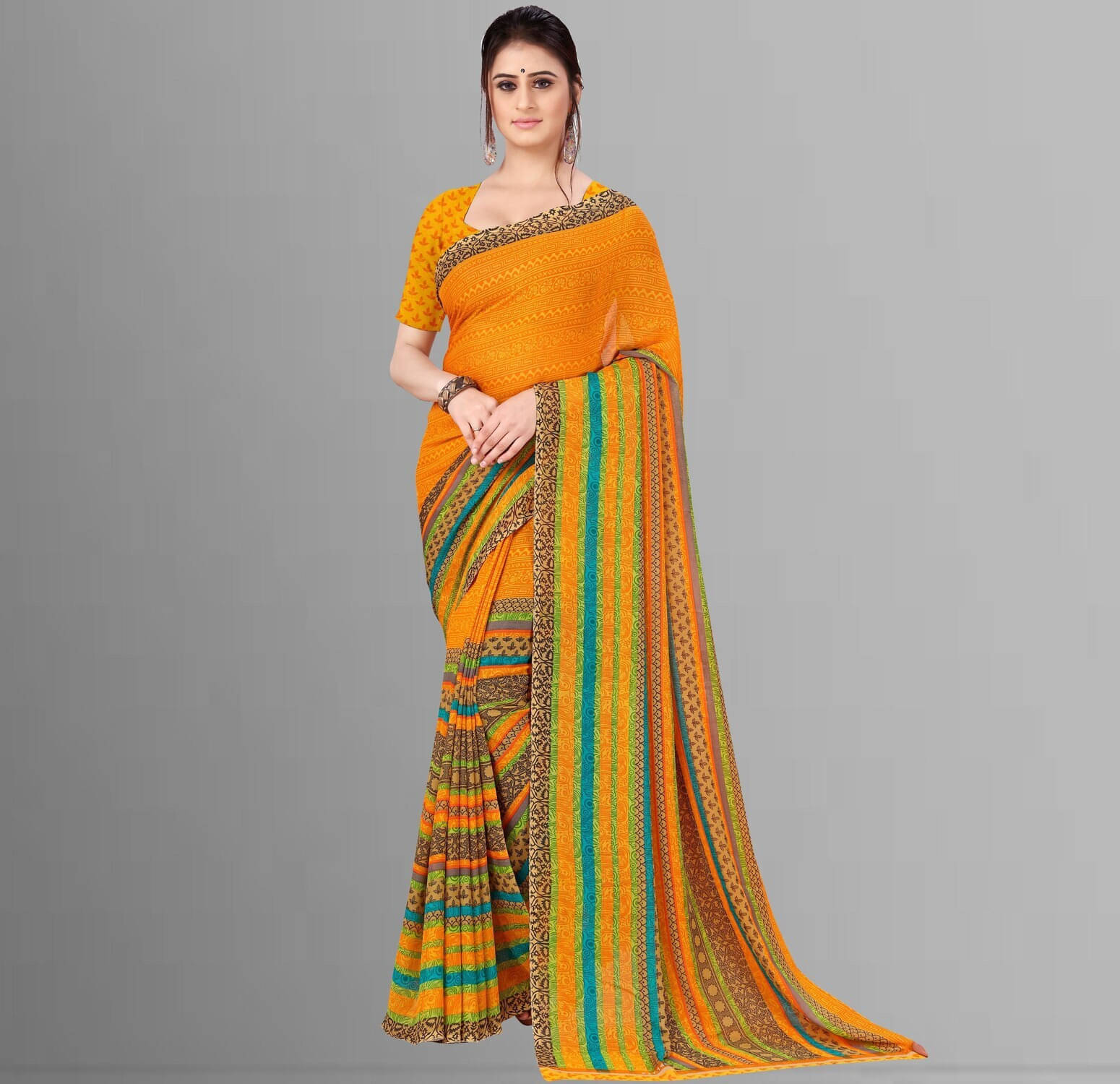 ANAND SAREES Georgette Striped Regular Saree With Unstitched Blouse Piece ( Yellow ) ANAND SAREES Georgette Striped Regular Saree With Unstitched Blouse Piece ( Yellow )