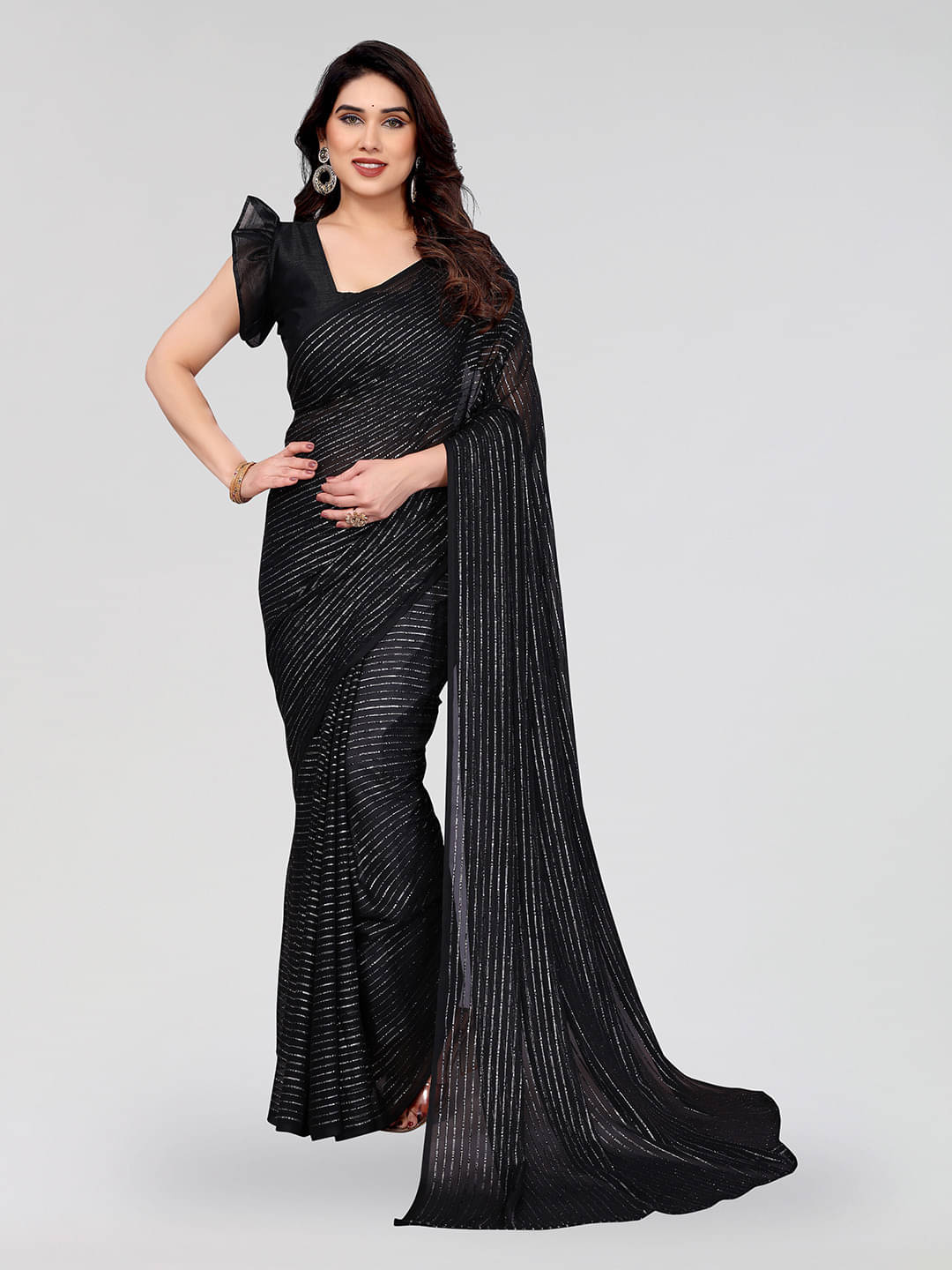 ANAND SAREES Georgette Striped Regular Saree With Unstitched Blouse Piece ( Black ) ANAND SAREES Georgette Striped Regular Saree With Unstitched Blouse Piece ( Black )