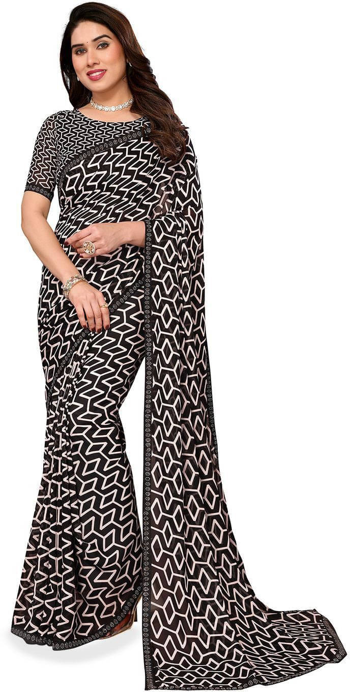 ANAND SAREES Georgette Striped Regular Saree With Unstitched Blouse Piece ( Black ) ANAND SAREES Georgette Striped Regular Saree With Unstitched Blouse Piece ( Black )