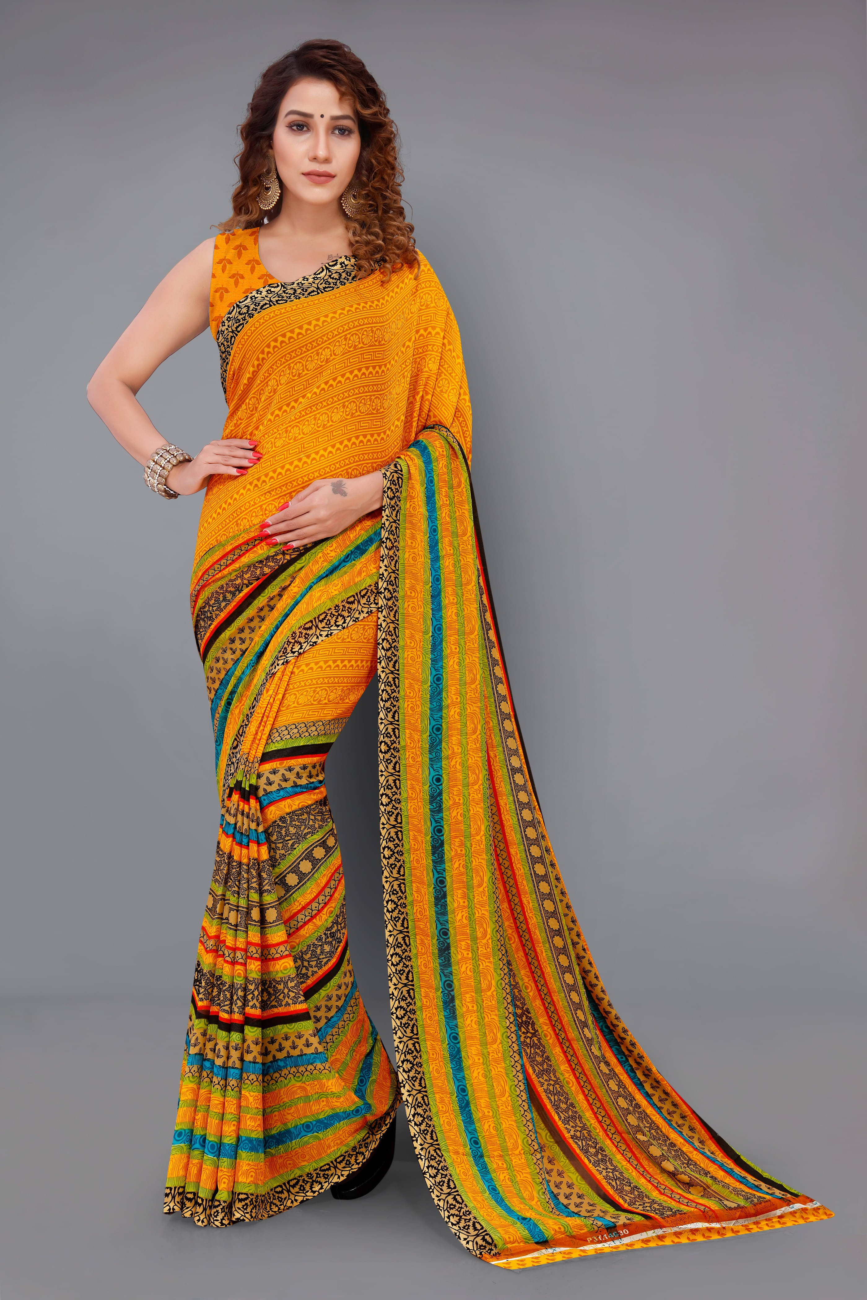     			ANAND SAREES Georgette Striped Regular Saree With Unstitched Blouse Piece ( Yellow )