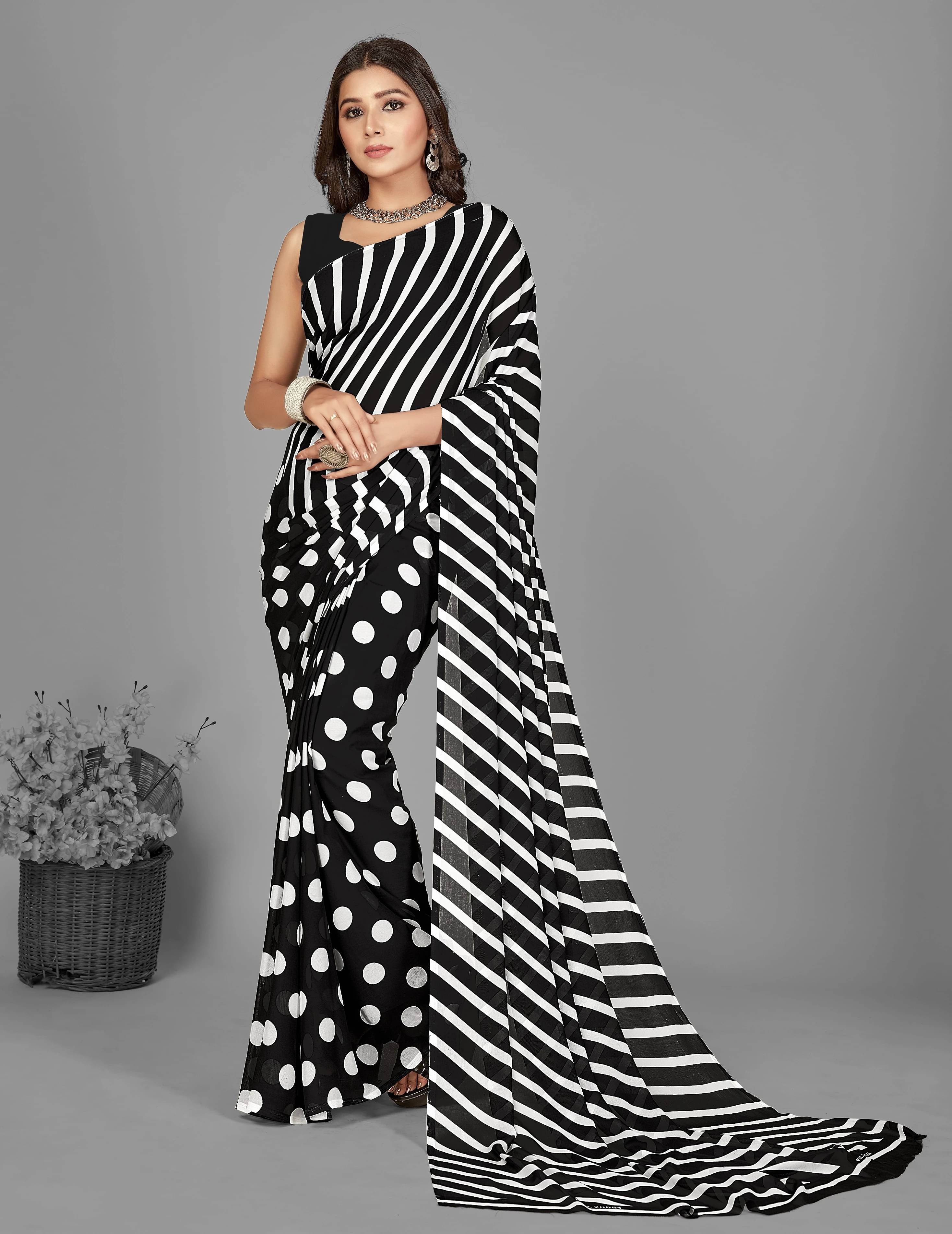 ANAND SAREES Georgette Striped Regular Saree With Unstitched Blouse Piece ( Black ) ANAND SAREES Georgette Striped Regular Saree With Unstitched Blouse Piece ( Black )
