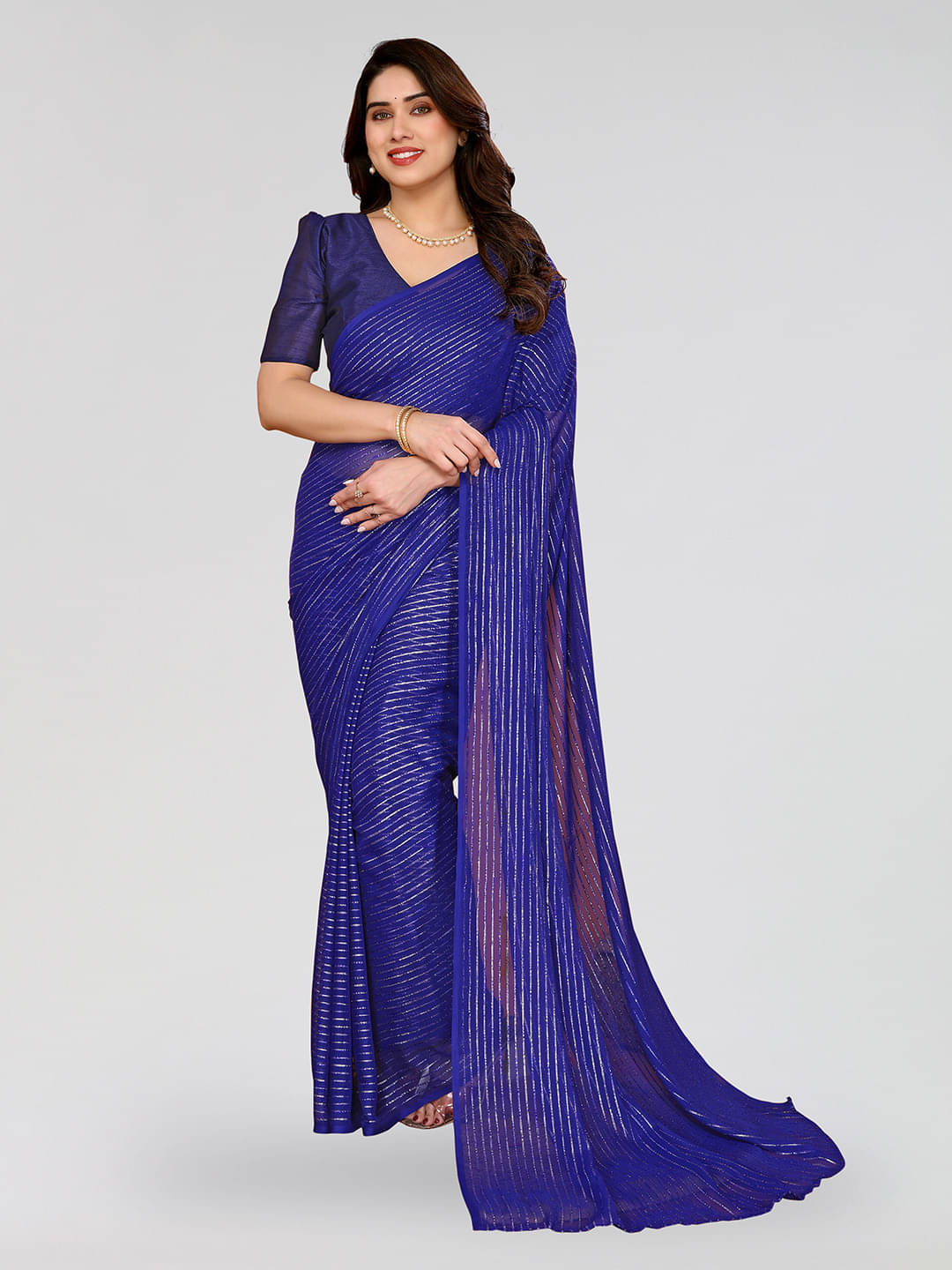     			ANAND SAREES Georgette Striped Regular Saree With Unstitched Blouse Piece ( Blue )