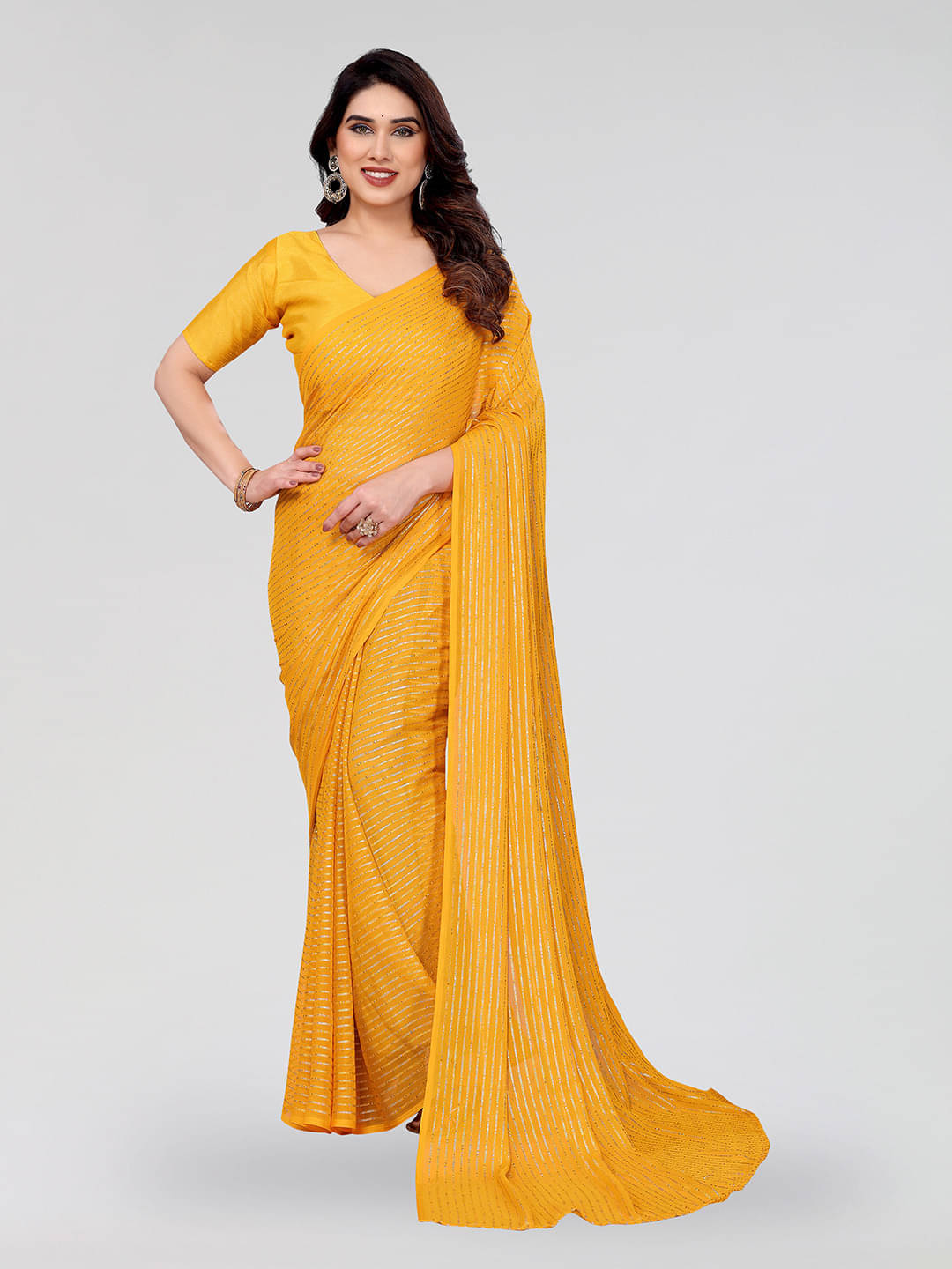     			ANAND SAREES Georgette Striped Regular Saree With Unstitched Blouse Piece ( Yellow )