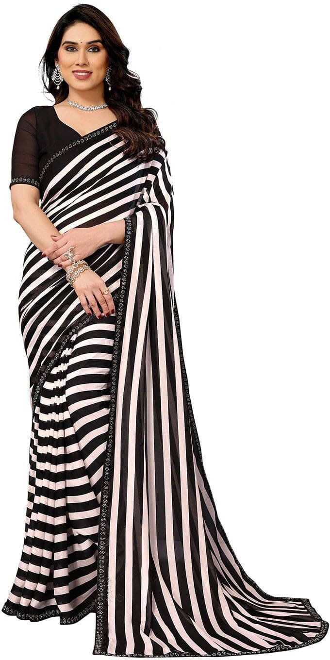    			ANAND SAREES Georgette Striped Regular Saree With Unstitched Blouse Piece ( Black )