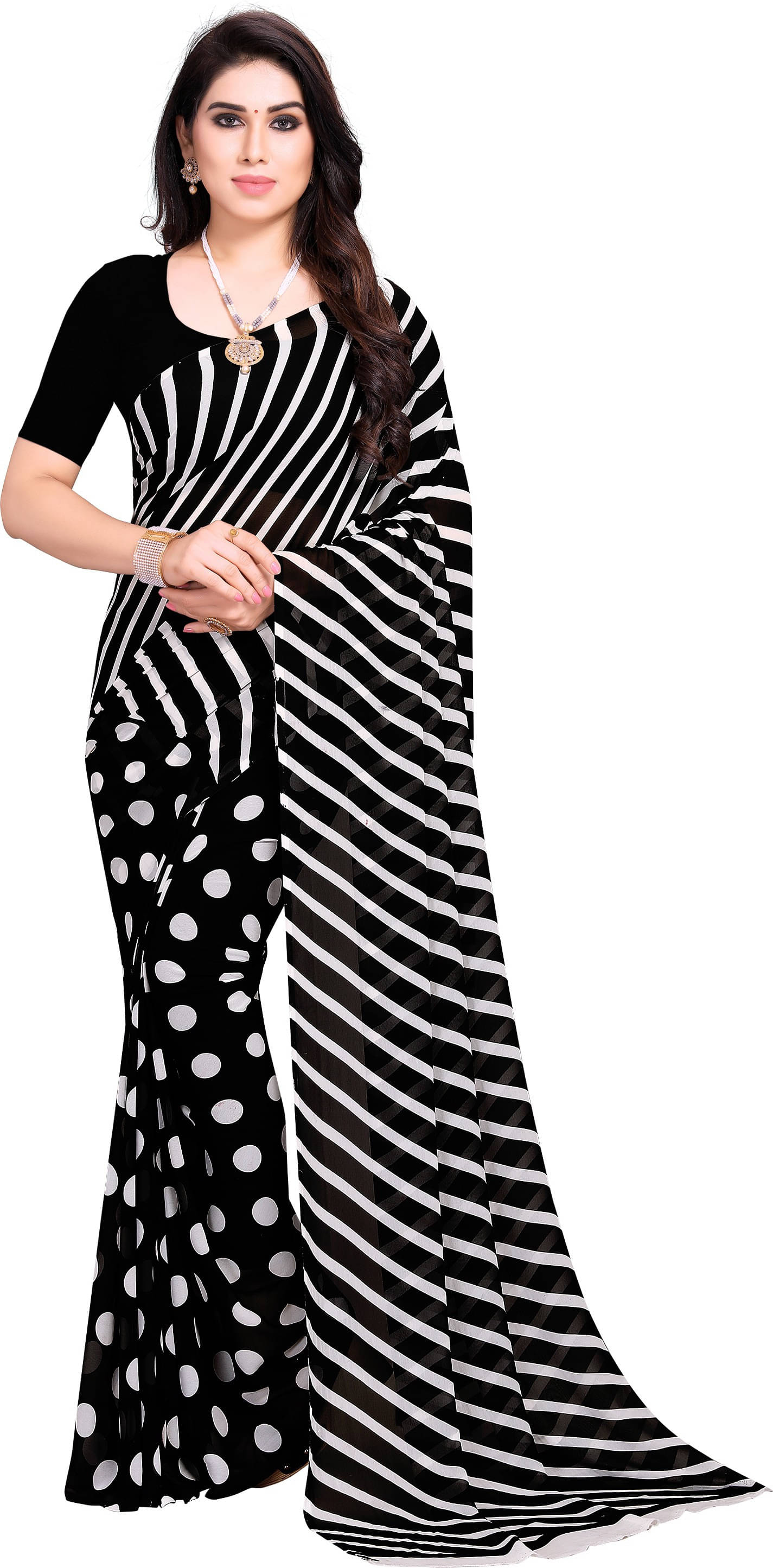 ANAND SAREES Georgette Striped Regular Saree With Unstitched Blouse Piece ( Black ) ANAND SAREES Georgette Striped Regular Saree With Unstitched Blouse Piece ( Black )