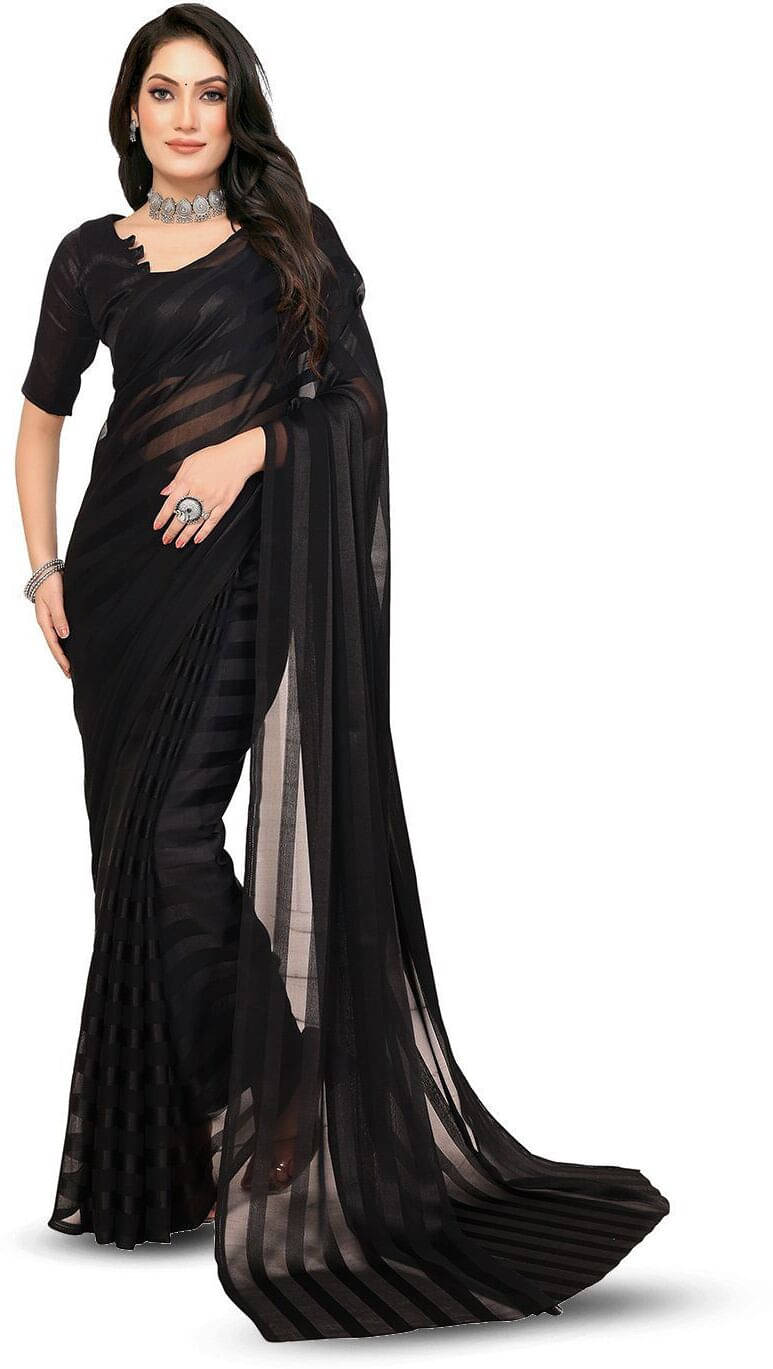 ANAND SAREES Satin Self Design Regular Saree With Unstitched Blouse Piece ( Black ) ANAND SAREES Satin Self Design Regular Saree With Unstitched Blouse Piece ( Black )