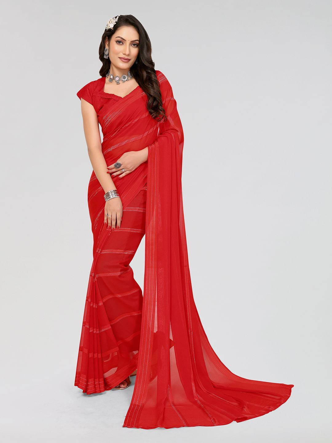 ANAND SAREES Satin Self Design Regular Saree With Unstitched Blouse Piece ( Red ) ANAND SAREES Satin Self Design Regular Saree With Unstitched Blouse Piece ( Red )