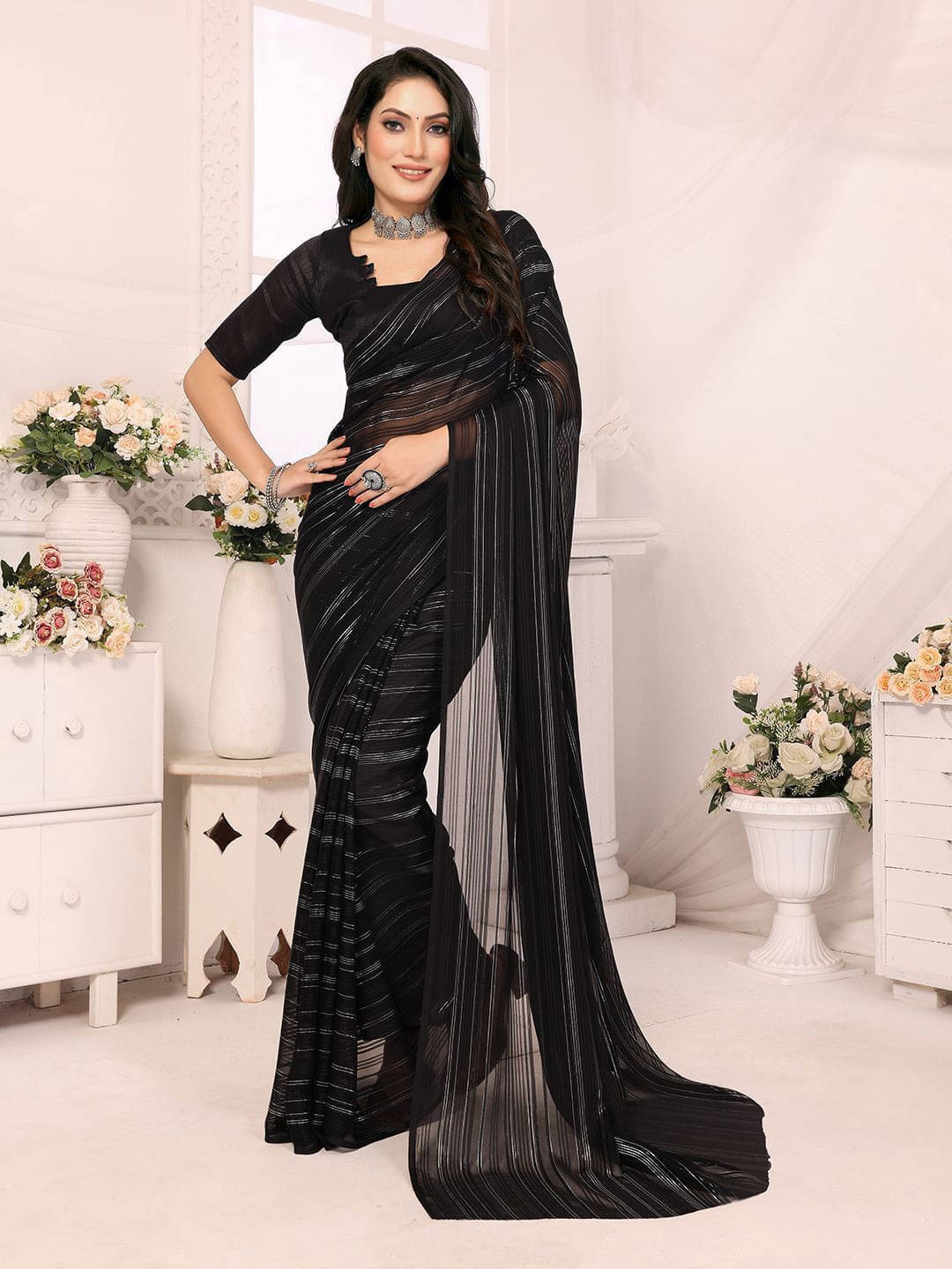 ANAND SAREES Satin Self Design Regular Saree With Unstitched Blouse Piece ( Black ) ANAND SAREES Satin Self Design Regular Saree With Unstitched Blouse Piece ( Black )