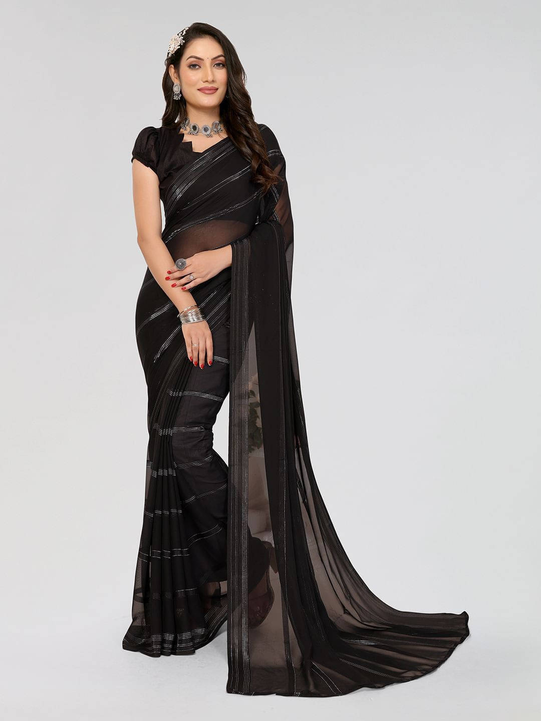     			ANAND SAREES Satin Self Design Regular Saree With Unstitched Blouse Piece ( Black )