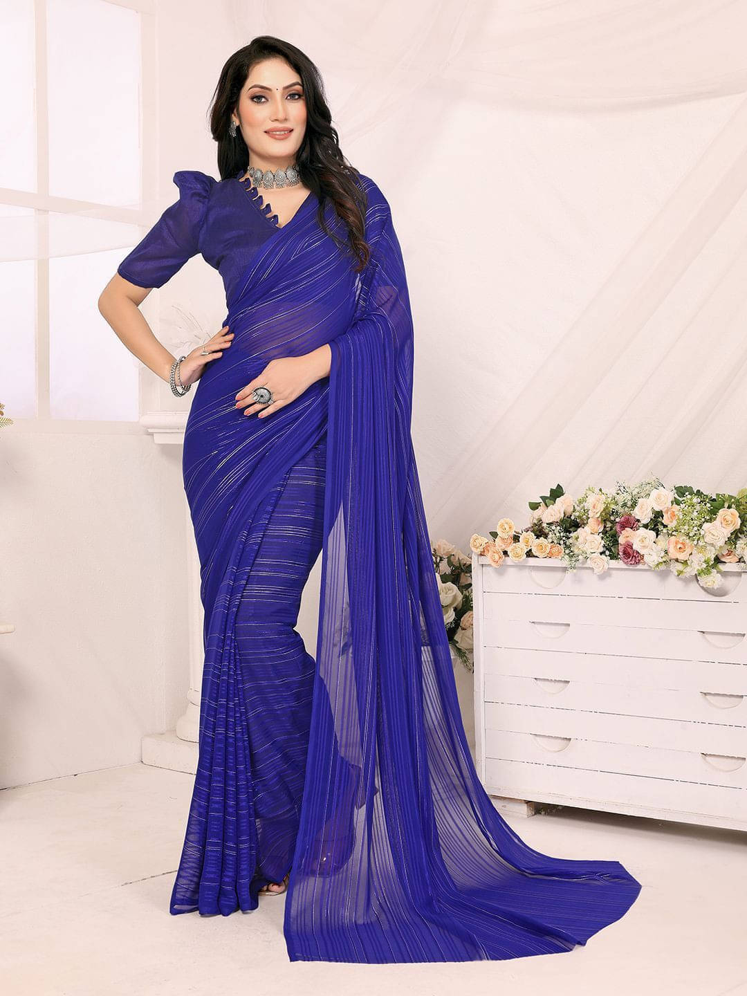 ANAND SAREES Satin Self Design Regular Saree With Unstitched Blouse Piece ( Blue ) ANAND SAREES Satin Self Design Regular Saree With Unstitched Blouse Piece ( Blue )