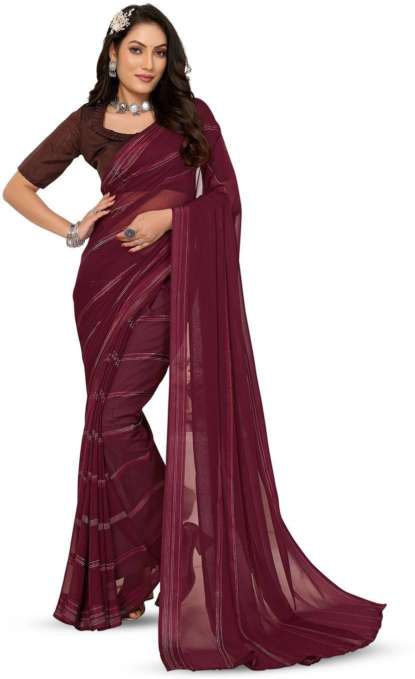     			ANAND SAREES Satin Striped Regular Saree With Unstitched Blouse Piece ( Maroon )