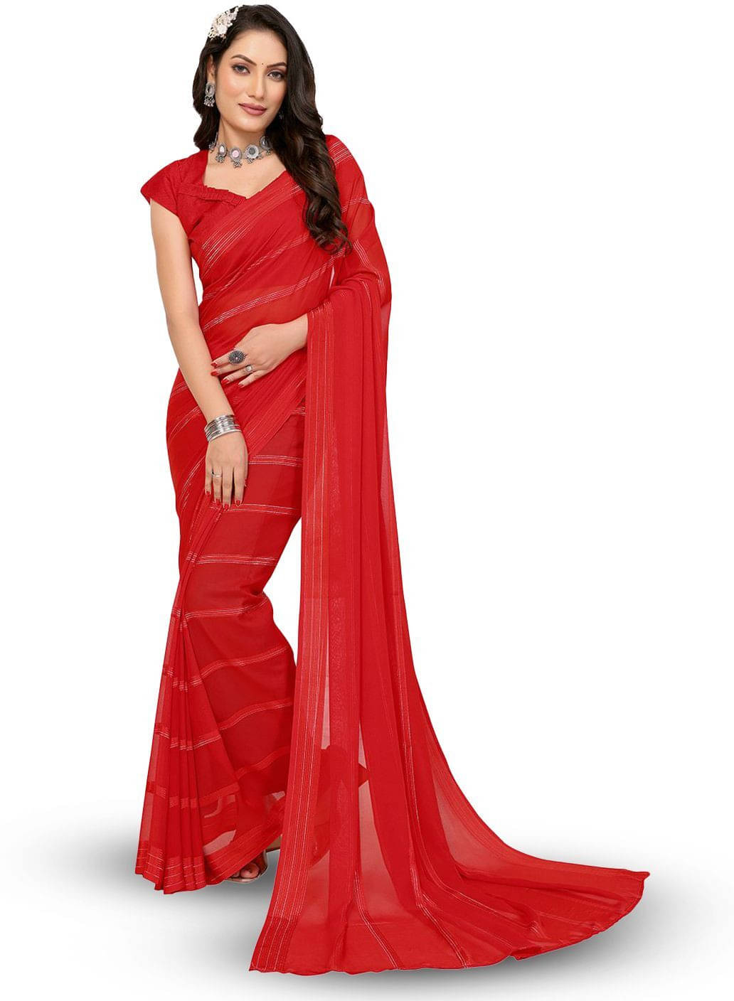     			ANAND SAREES Satin Striped Regular Saree With Unstitched Blouse Piece ( Red )