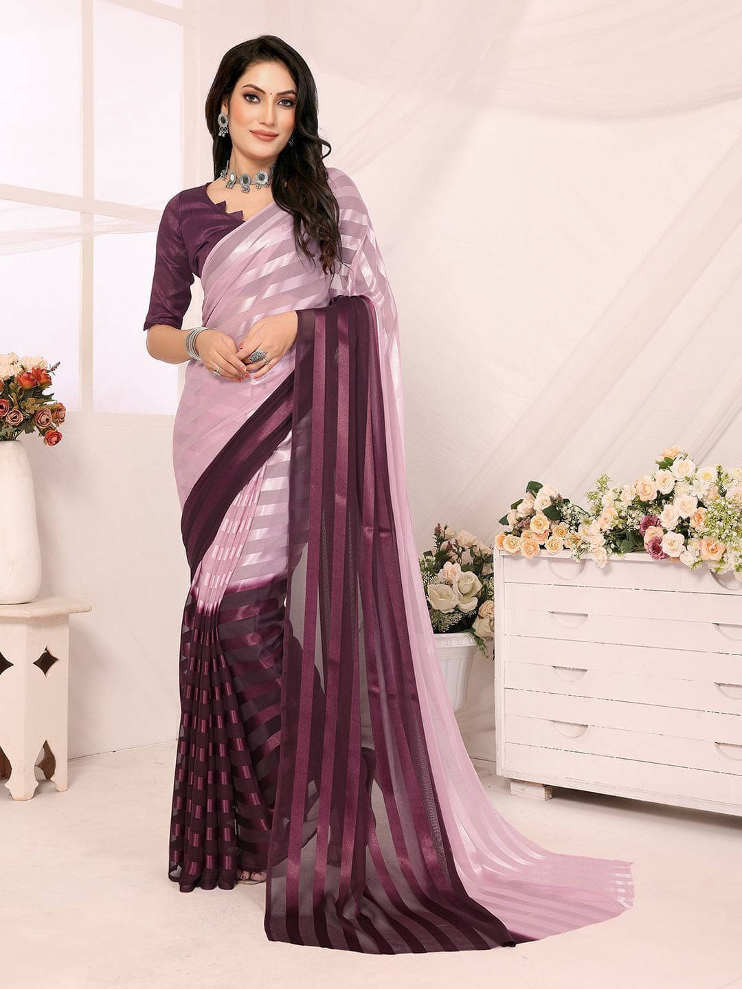 ANAND SAREES Satin Striped Regular Saree With Unstitched Blouse Piece ( Purple ) ANAND SAREES Satin Striped Regular Saree With Unstitched Blouse Piece ( Purple )