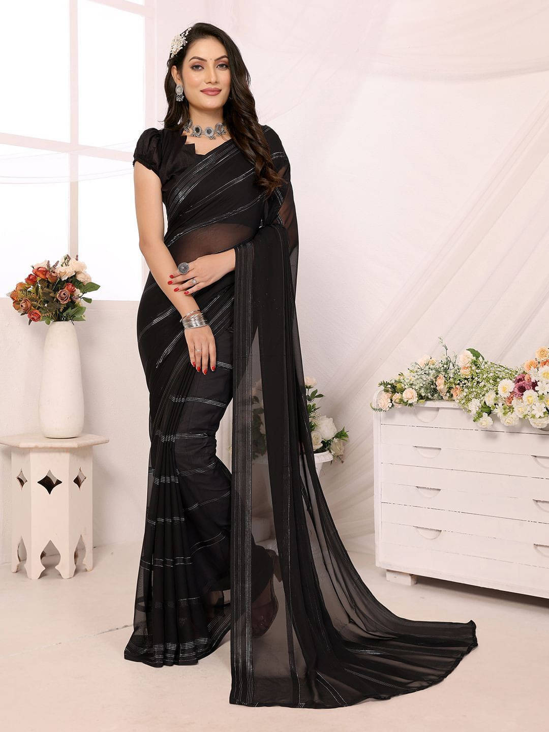     			ANAND SAREES Satin Striped Regular Saree With Unstitched Blouse Piece ( Black )
