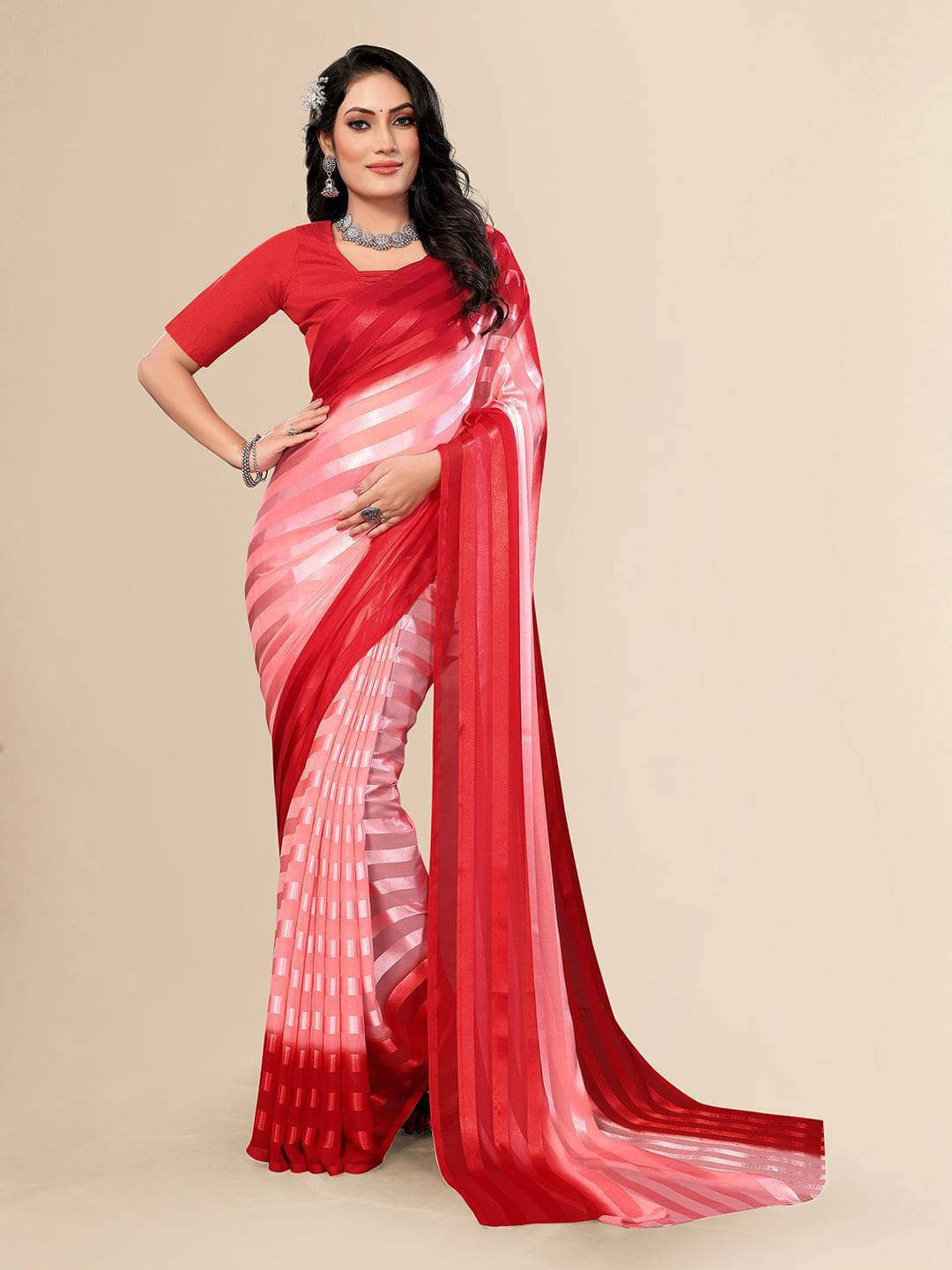     			ANAND SAREES Satin Striped Regular Saree With Unstitched Blouse Piece ( Red )