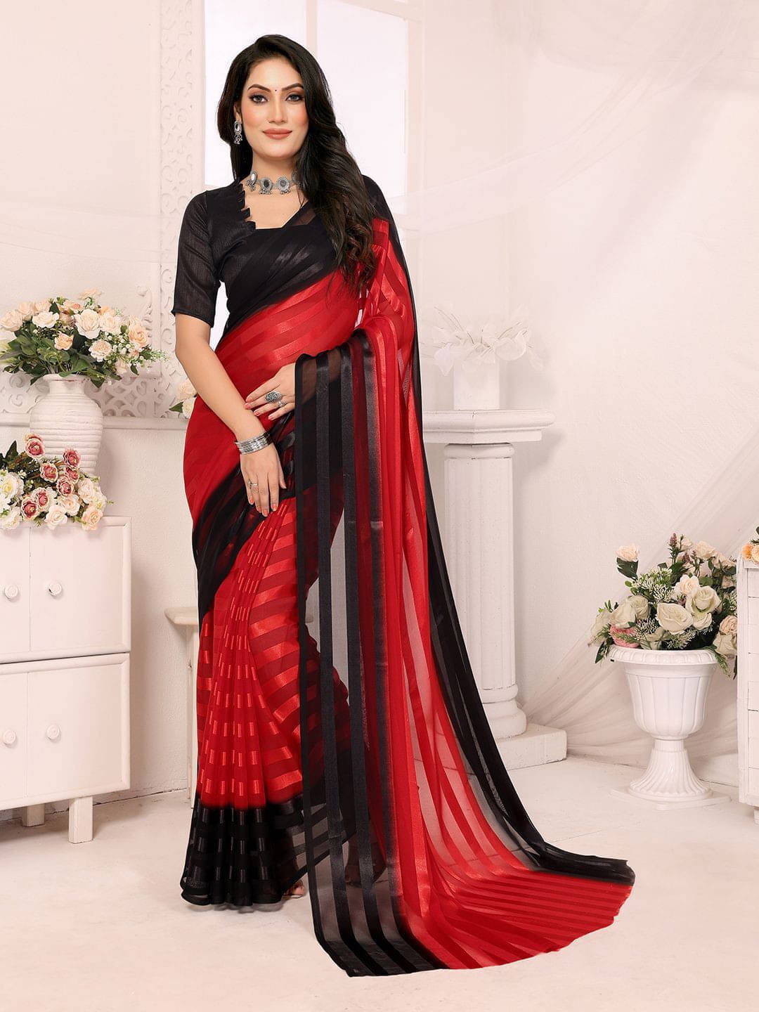 ANAND SAREES Satin Striped Regular Saree With Unstitched Blouse Piece ( Red ) ANAND SAREES Satin Striped Regular Saree With Unstitched Blouse Piece ( Red )