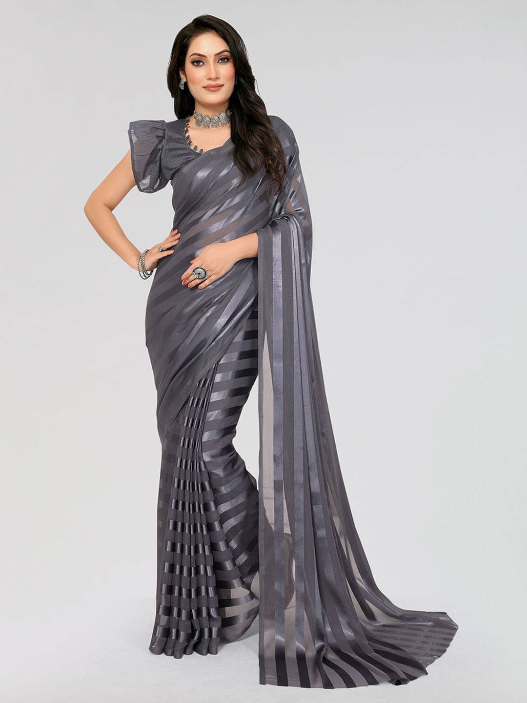 ANAND SAREES Satin Striped Regular Saree With Unstitched Blouse Piece ( Grey ) ANAND SAREES Satin Striped Regular Saree With Unstitched Blouse Piece ( Grey )
