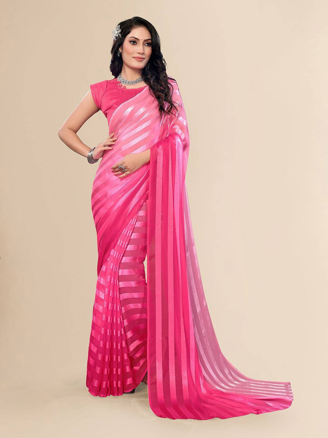 ANAND SAREES Satin Striped Regular Saree With Unstitched Blouse Piece ( Pink ) ANAND SAREES Satin Striped Regular Saree With Unstitched Blouse Piece ( Pink )