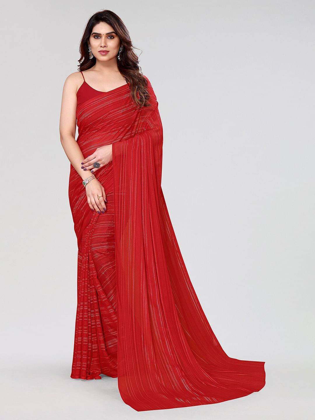 ANAND SAREES Satin Striped Regular Saree With Unstitched Blouse Piece ( Red ) ANAND SAREES Satin Striped Regular Saree With Unstitched Blouse Piece ( Red )