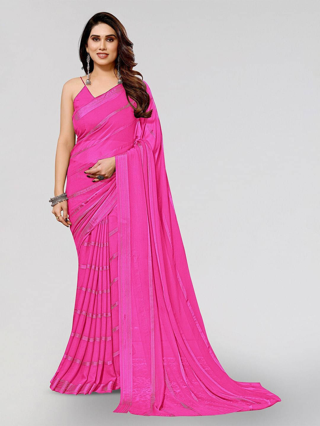     			ANAND SAREES Satin Striped Regular Saree With Unstitched Blouse Piece ( Pink )