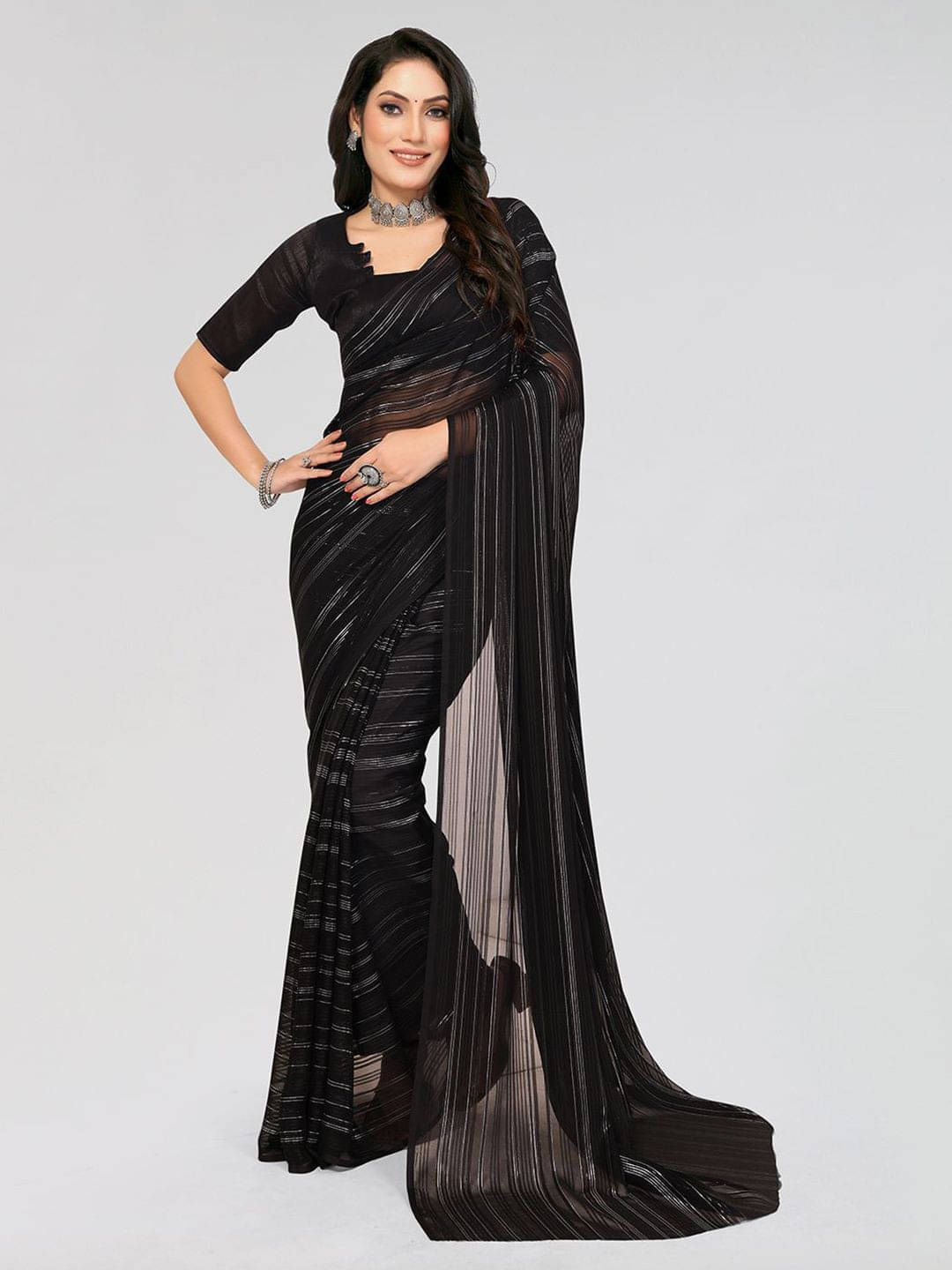 ANAND SAREES Satin Striped Regular Saree With Unstitched Blouse Piece ( Black ) ANAND SAREES Satin Striped Regular Saree With Unstitched Blouse Piece ( Black )