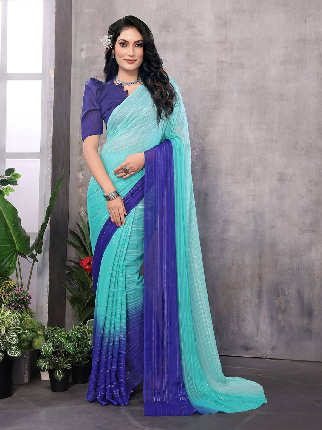 ANAND SAREES Satin Striped Regular Saree With Unstitched Blouse Piece ( Blue ) ANAND SAREES Satin Striped Regular Saree With Unstitched Blouse Piece ( Blue )
